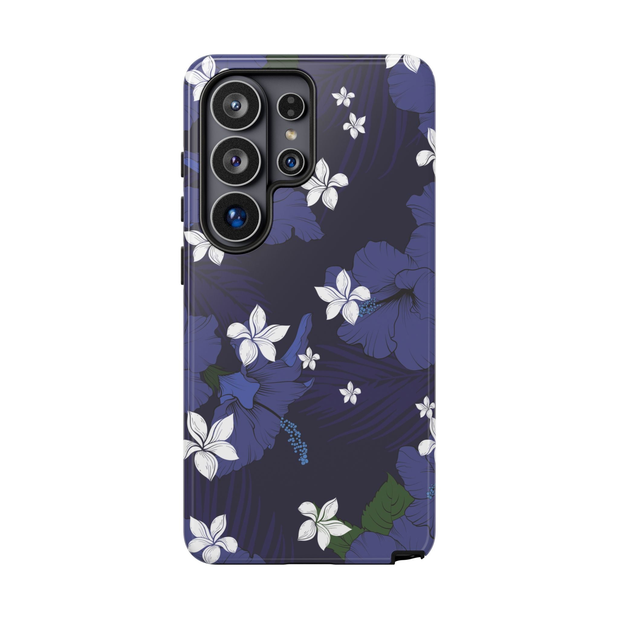Woman holding Vintage Blue Tough Samsung Galaxy Case - Hawaiian Indigo Hibiscus White Plumeria Design - The Local Banyan