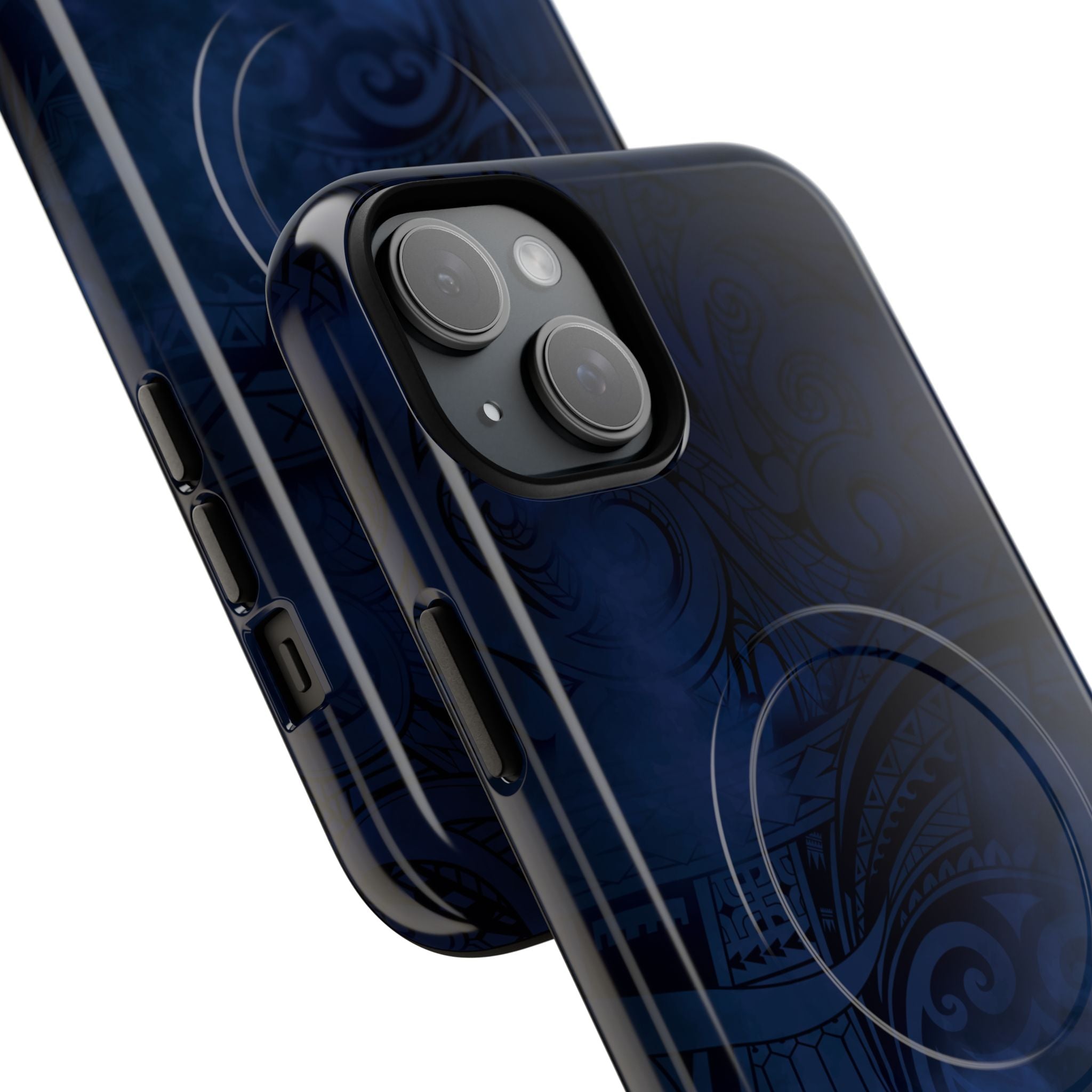 Midnight Essence MagSafe iPhone Case Detail View - Hawaiian Midnight Navy Polynesian Tribal Design Close Up - The Local Banyan