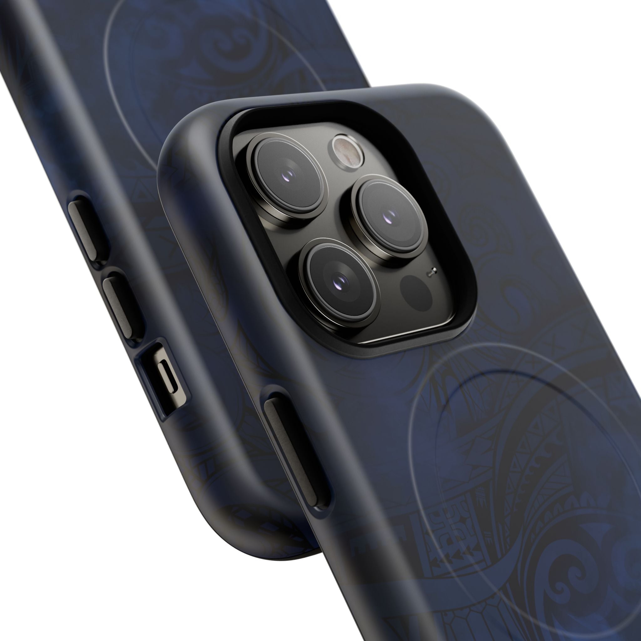 Woman holding Midnight Essence MagSafe iPhone Case - Hawaiian Midnight Navy Polynesian Tribal Design - The Local Banyan