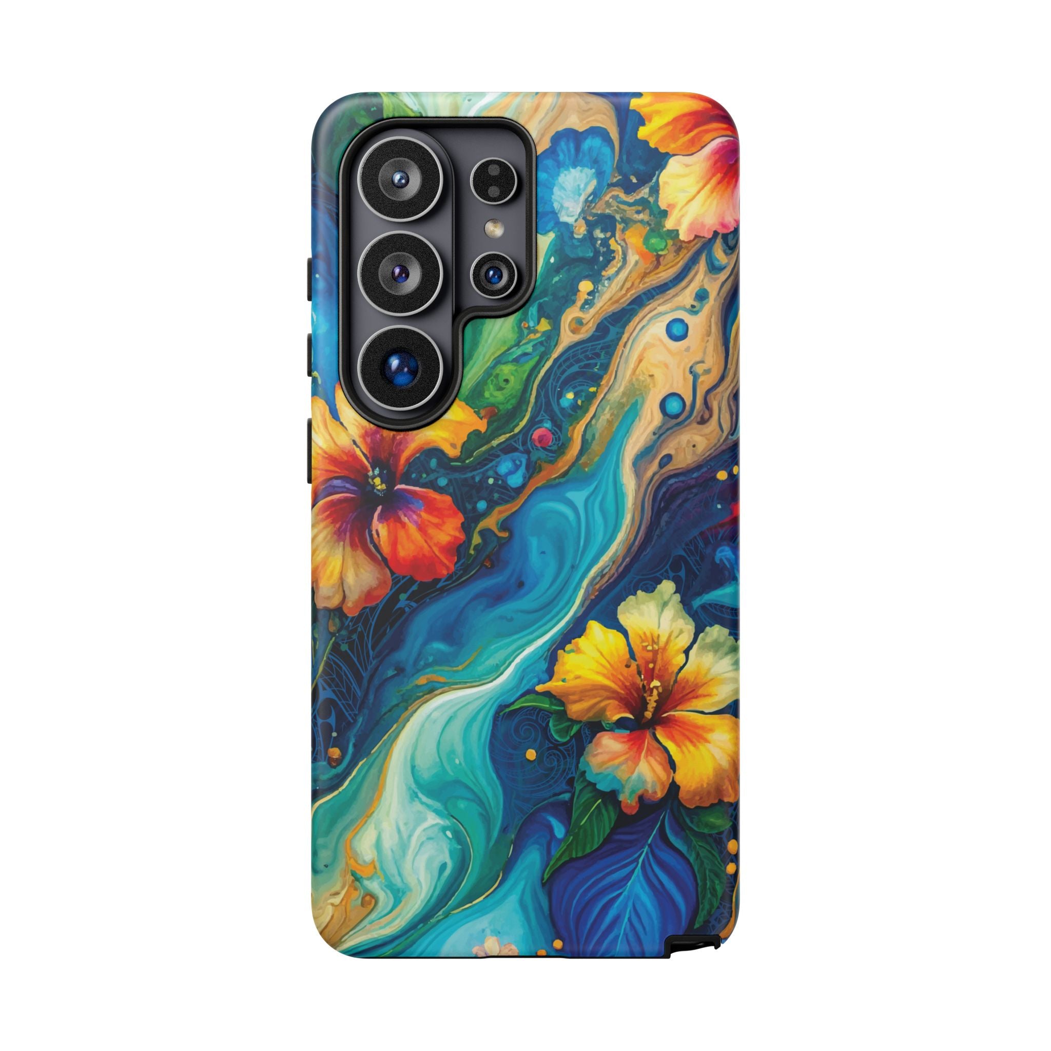 Woman holding Aloalo Drift Tough Samsung Galaxy Case - Hawaiian Hibiscus Teal Ocean Wave Design - The Local Banyan