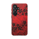 Woman holding Keahi Pua Tough Samsung Galaxy Case - Hawaiian Fire Flower Red Tribal Floral Design - The Local Banyan