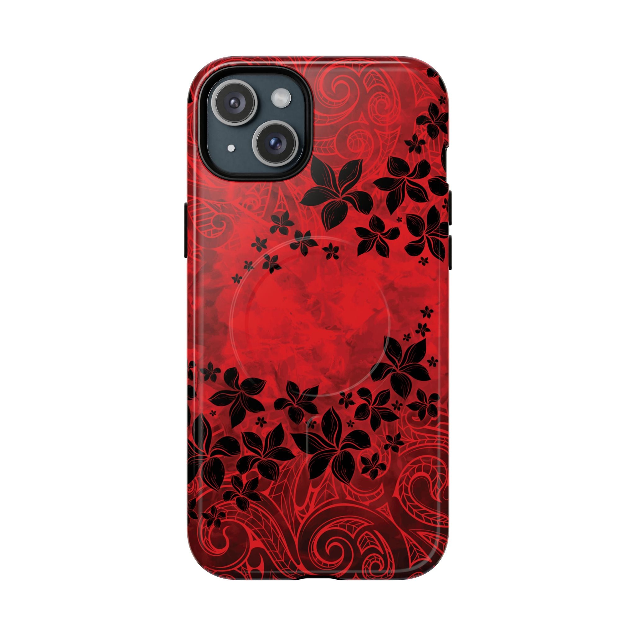Keahi Pua MagSafe iPhone Case iPhone 15 Plus Glossy - Hawaiian Fire Flower Red Tribal Floral Design - The Local Banyan