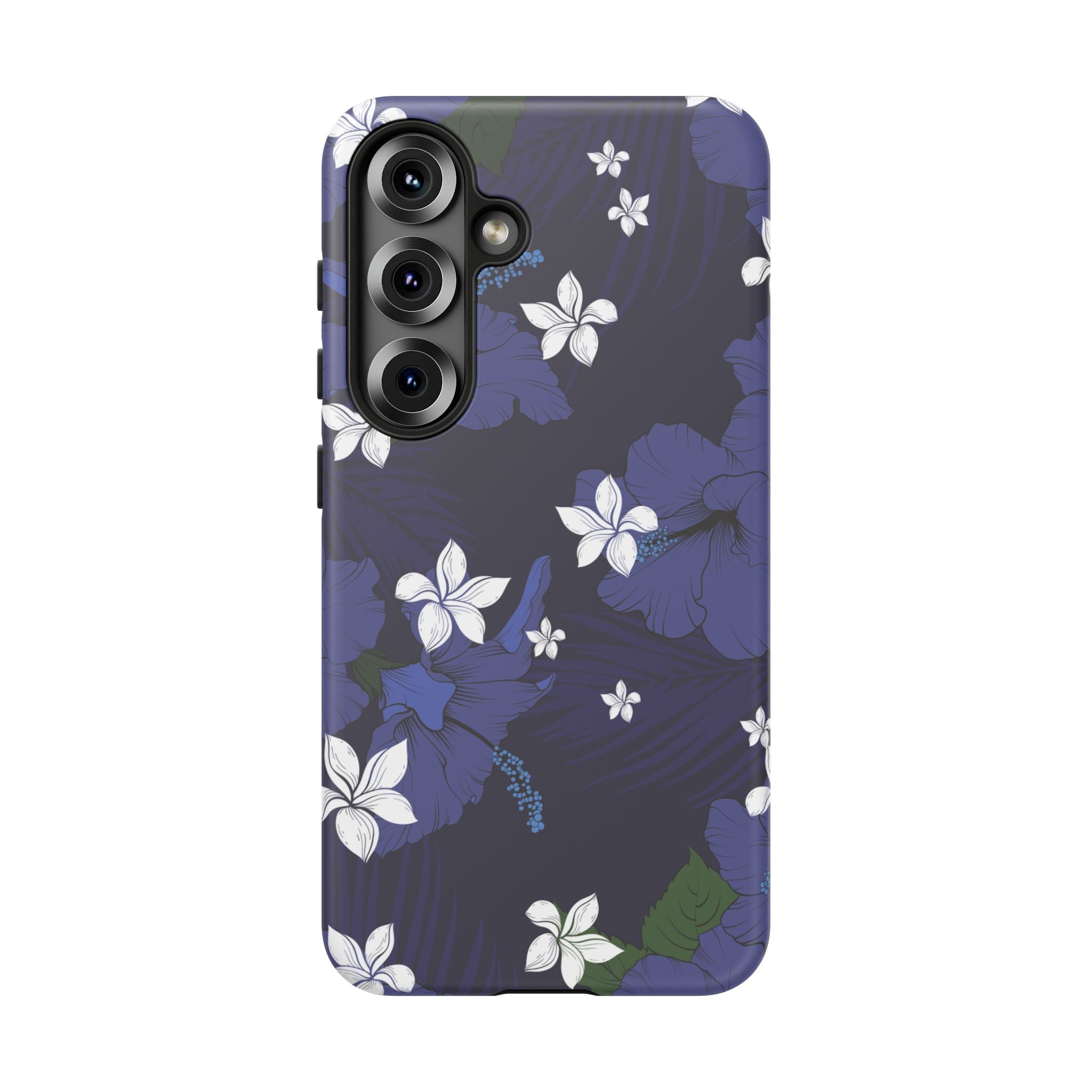 Woman holding Vintage Blue Tough Samsung Galaxy Case - Hawaiian Indigo Hibiscus White Plumeria Design - The Local Banyan