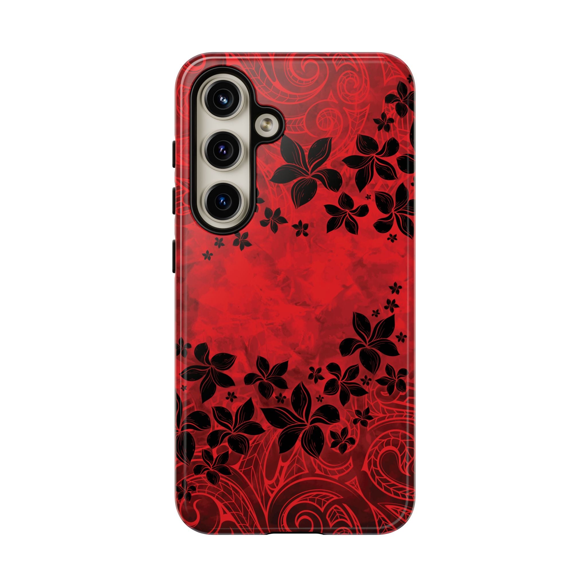 Woman holding Keahi Pua Tough Samsung Galaxy Case - Hawaiian Fire Flower Red Tribal Floral Design - The Local Banyan