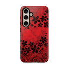 Woman holding Keahi Pua Tough Samsung Galaxy Case - Hawaiian Fire Flower Red Tribal Floral Design - The Local Banyan