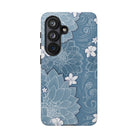 Woman holding Pua La Tough Samsung Galaxy Case - Hawaiian Golden Hibiscus Sun Flower Sapphire Design - The Local Banyan
