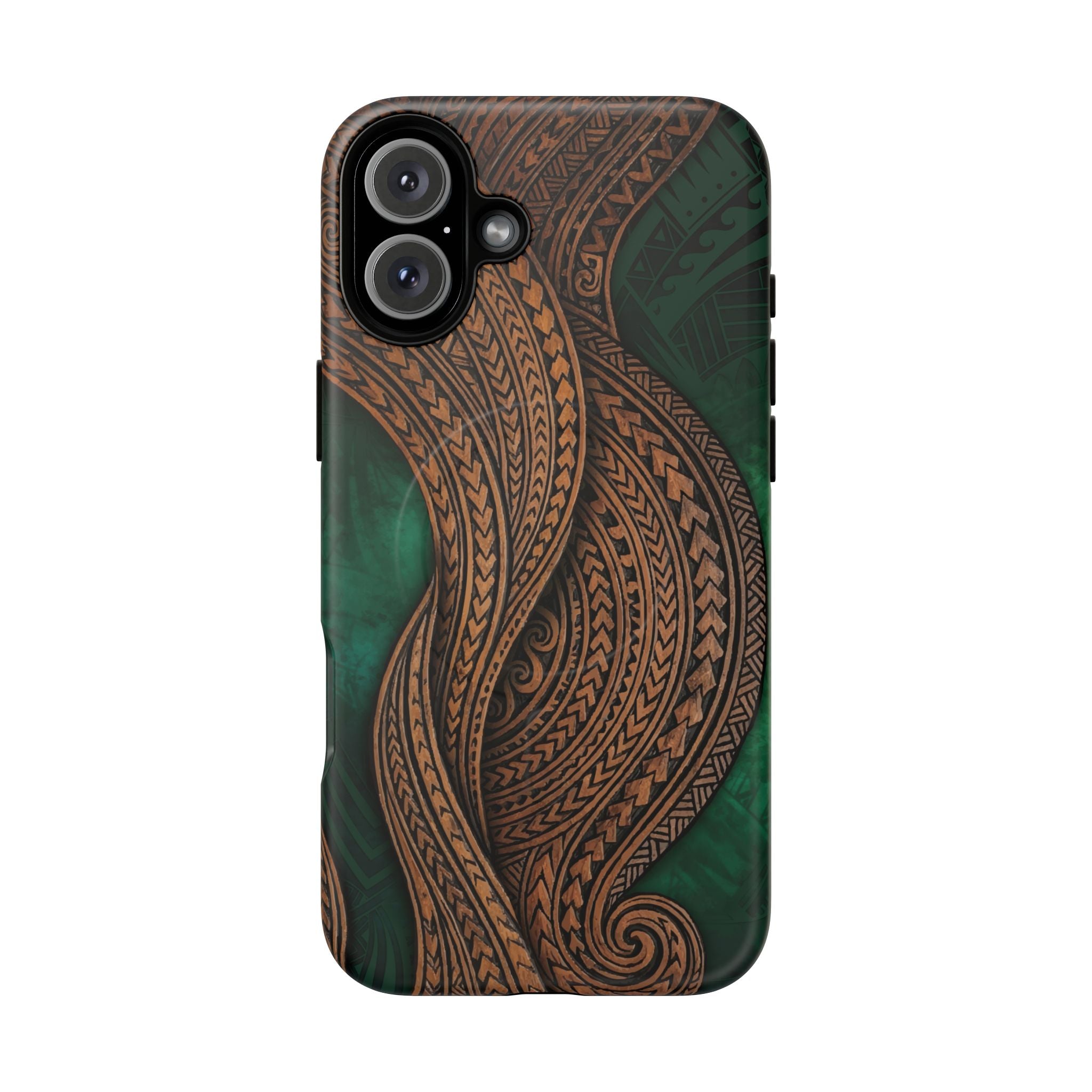 Island Kalai MagSafe iPhone Case Detail View - Hawaiian Carved Wood Grain Emerald Green Tribal Design Close Up - The Local Banyan