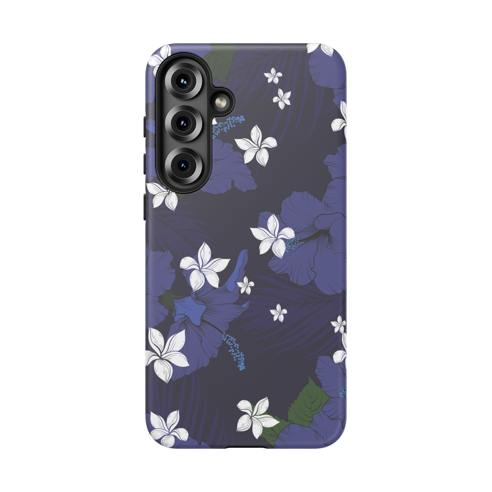 Vintage Blue Tough Samsung Galaxy Case Detail View - Hawaiian Indigo Hibiscus White Plumeria Design Close Up - The Local Banyan