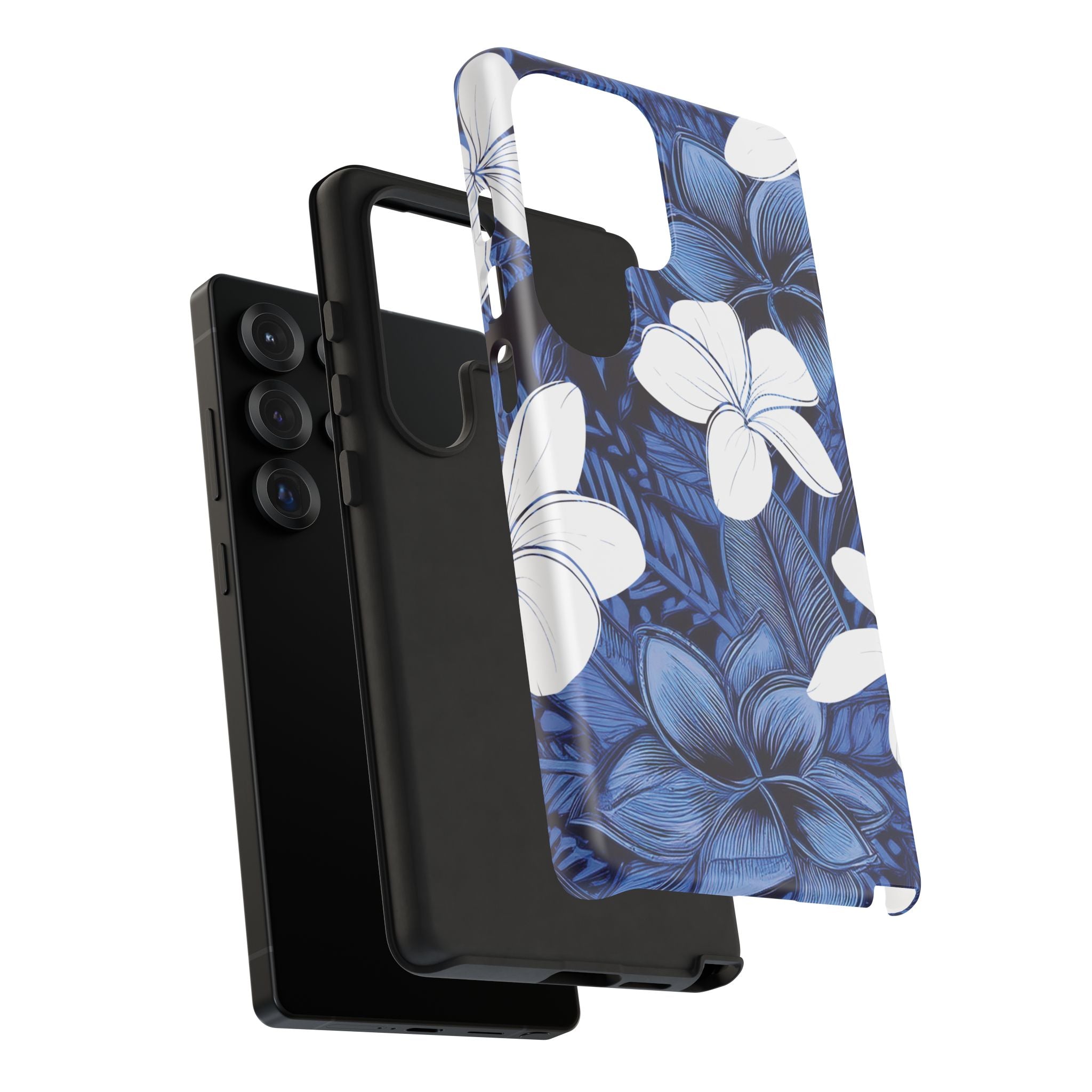 Eternal Blue Plumeria Tough Samsung Galaxy Case Side View - Dual Layer Drop Protection Hawaiian Phone Case - The Local Banyan
