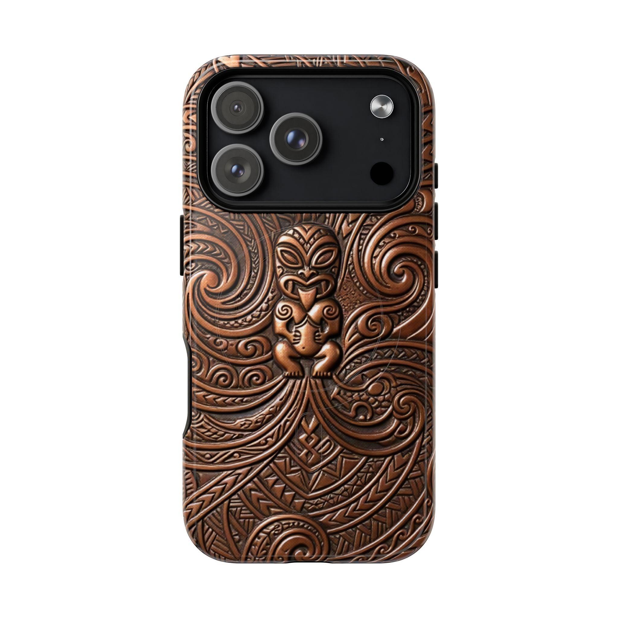 Paa Guardian MagSafe iPhone Case Detail View - Hawaiian Copper Carved Tiki Polynesian Design Close Up - The Local Banyan