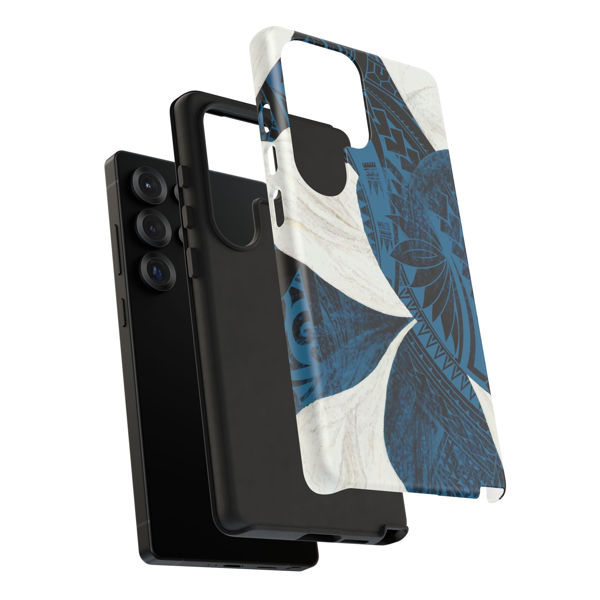 Woman holding Hana Breeze Tough Samsung Galaxy Case - Hawaiian Blue Plumeria Polynesian Botanical Design - The Local Banyan