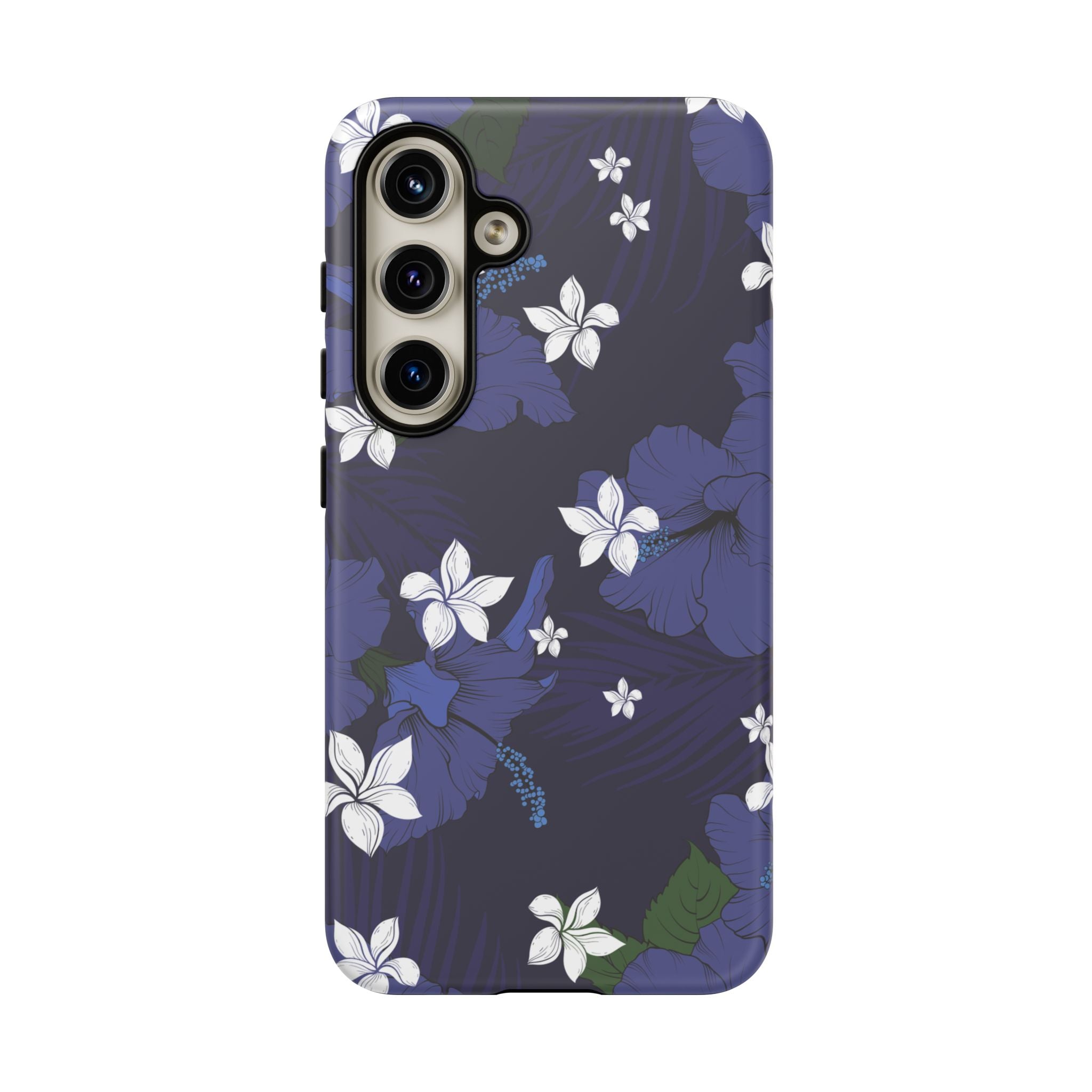 Woman holding Vintage Blue Tough Samsung Galaxy Case - Hawaiian Indigo Hibiscus White Plumeria Design - The Local Banyan