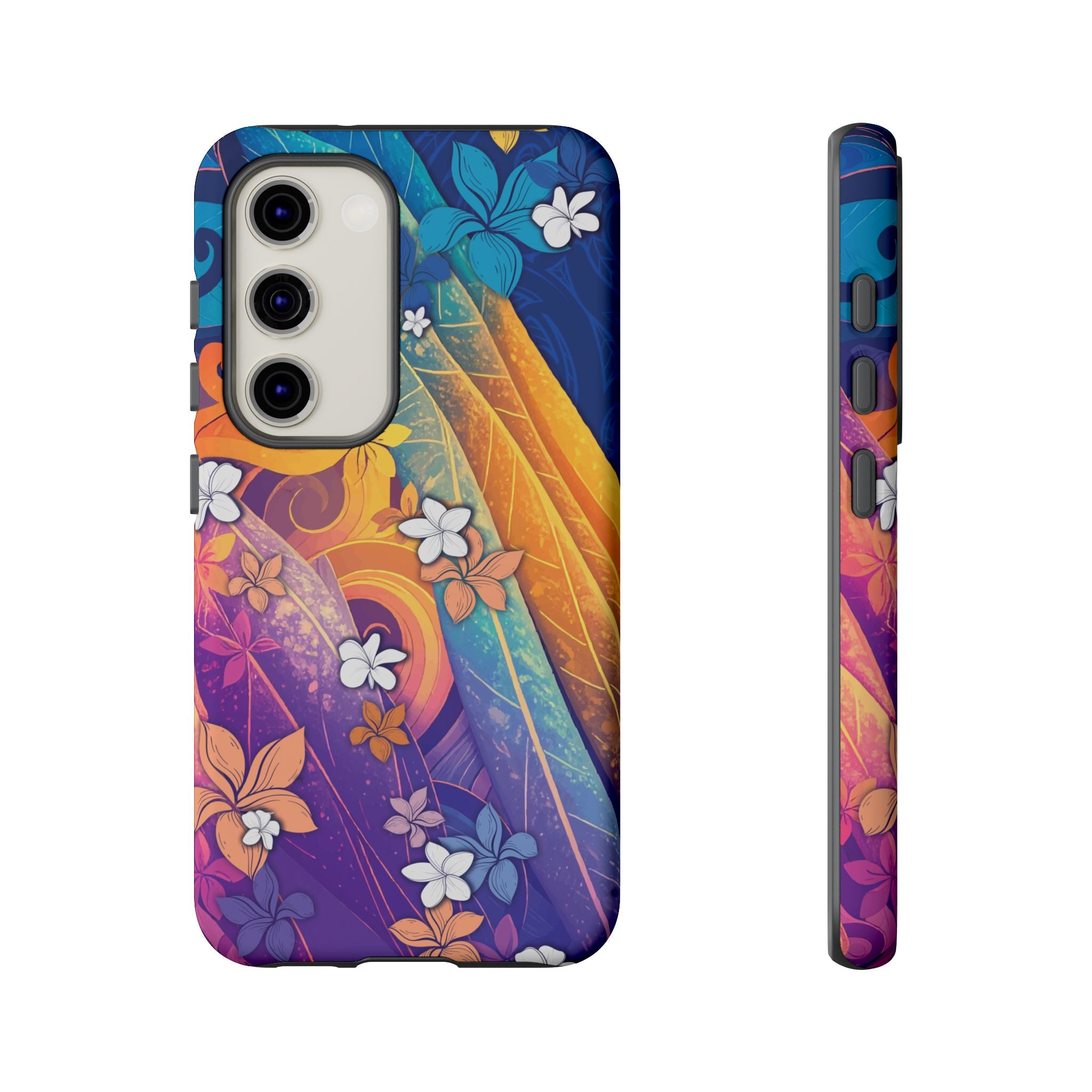 Woman holding Mauna Sunrise Tough Samsung Galaxy Case - Hawaiian Colorful Sunrise Plumeria Design - The Local Banyan