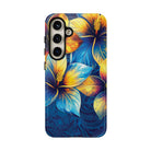 Woman holding Pua La Tough Samsung Galaxy Case - Hawaiian Golden Hibiscus Sun Flower Sapphire Design - The Local Banyan