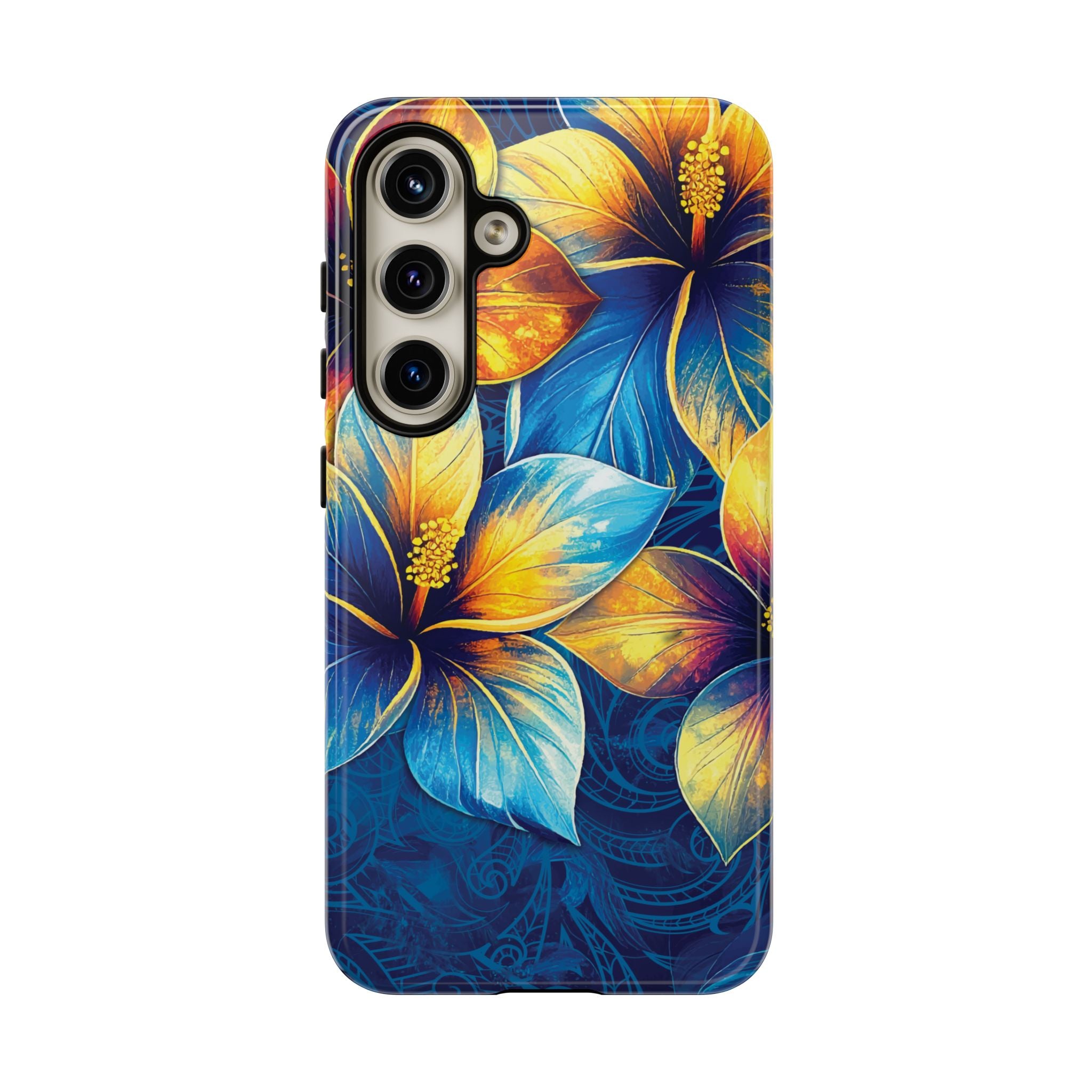 Woman holding Pua La Tough Samsung Galaxy Case - Hawaiian Golden Hibiscus Sun Flower Sapphire Design - The Local Banyan