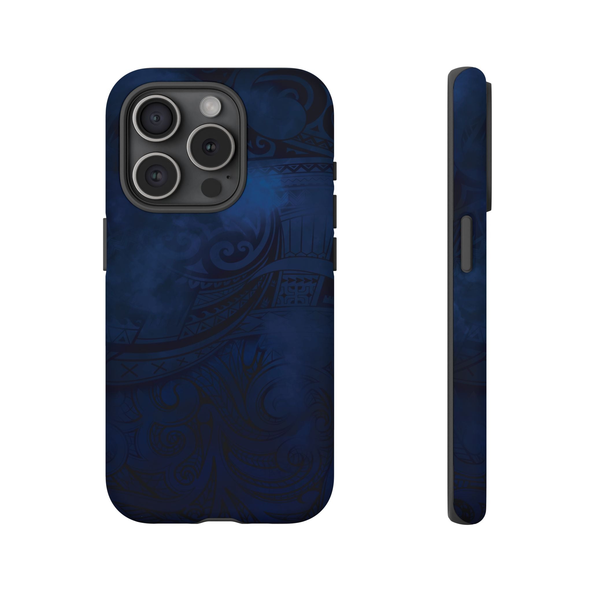 Woman holding Midnight Essence Tough iPhone Case - Hawaiian Midnight Navy Polynesian Tribal Design - The Local Banyan