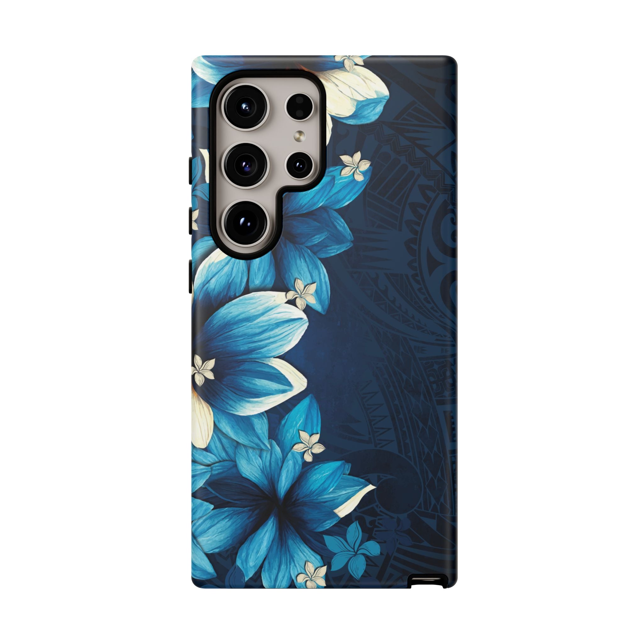 Leilani Nights Tough Samsung Galaxy Case Detail View - Hawaiian Dark Blue Floral Polynesian Design Close Up - The Local Banyan
