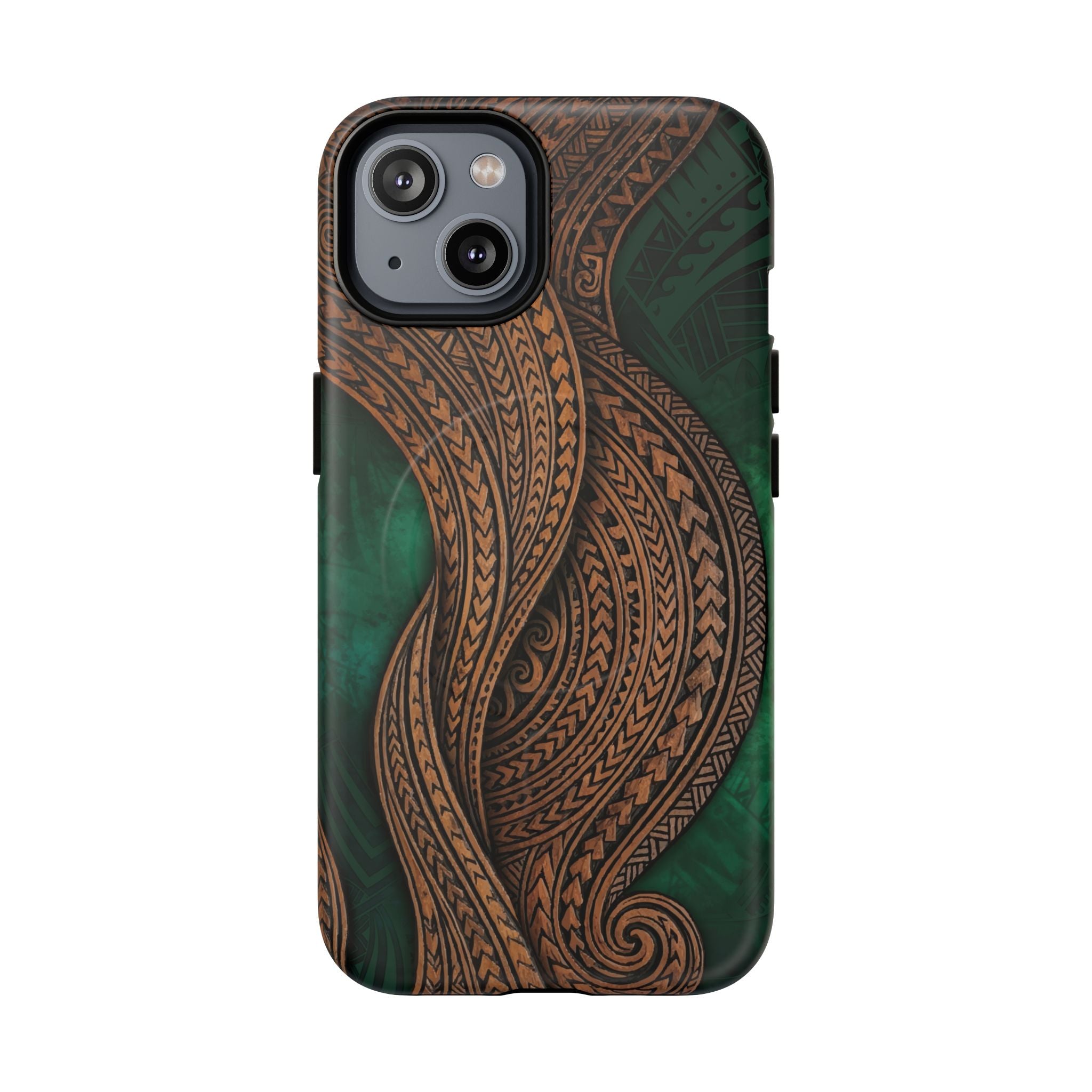 Island Kalai MagSafe iPhone Case iPhone 14 Matte - Hawaiian Carved Wood Grain Emerald Green Tribal Design - The Local Banyan