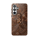 Woman holding Paa Guardian Tough Samsung Galaxy Case - Hawaiian Copper Carved Tiki Polynesian Design - The Local Banyan