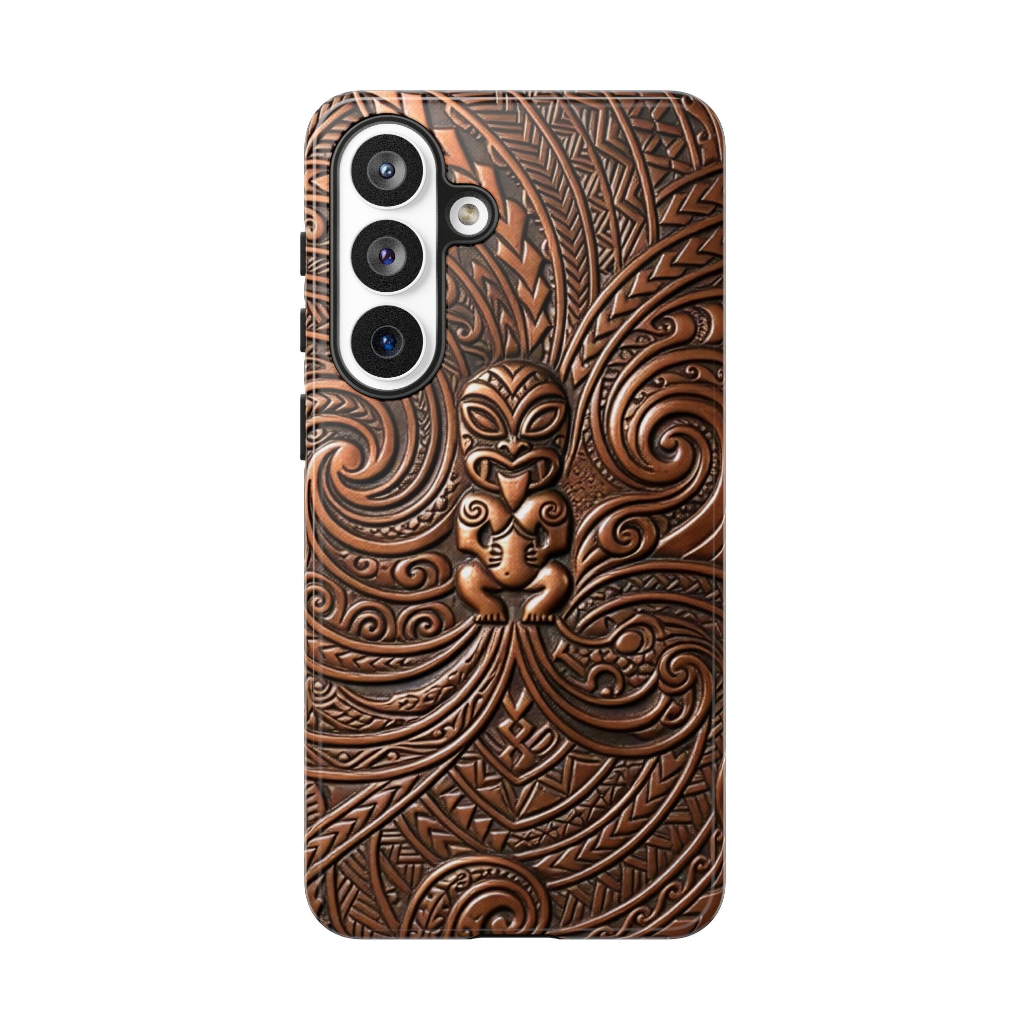 Woman holding Paa Guardian Tough Samsung Galaxy Case - Hawaiian Copper Carved Tiki Polynesian Design - The Local Banyan