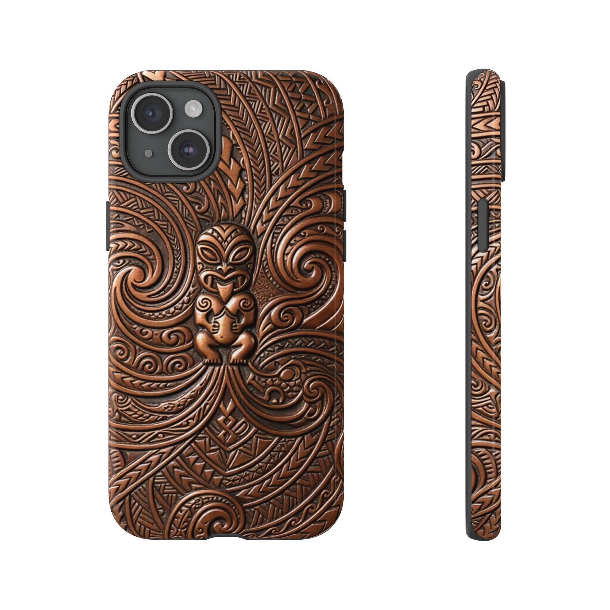 Woman holding Paa Guardian Tough iPhone Case - Hawaiian Copper Carved Tiki Polynesian Design - The Local Banyan