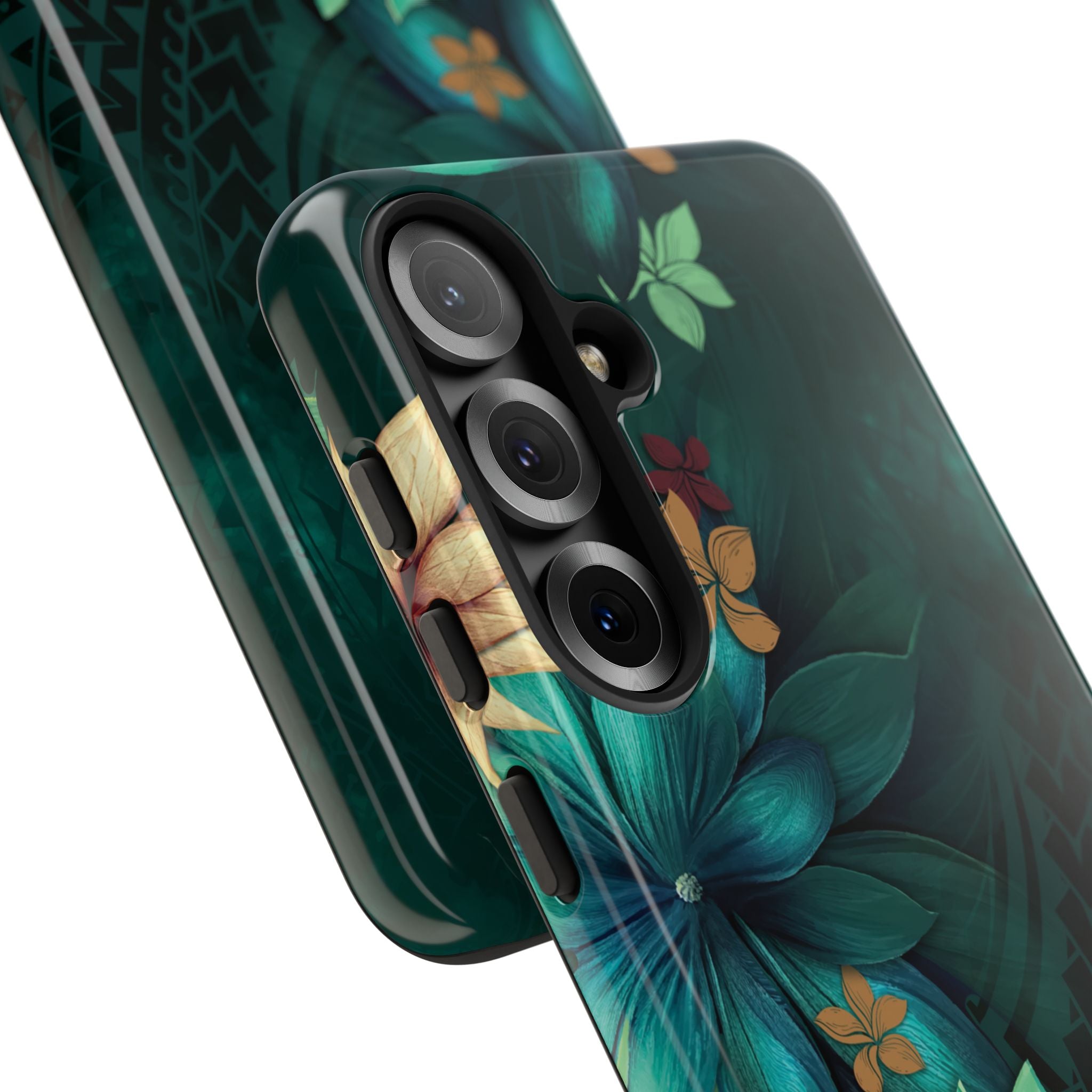 Aloha Whispers Tough Samsung Galaxy Case Detail View - Hawaiian Abstract Green Floral Polynesian Design Close Up - The Local Banyan