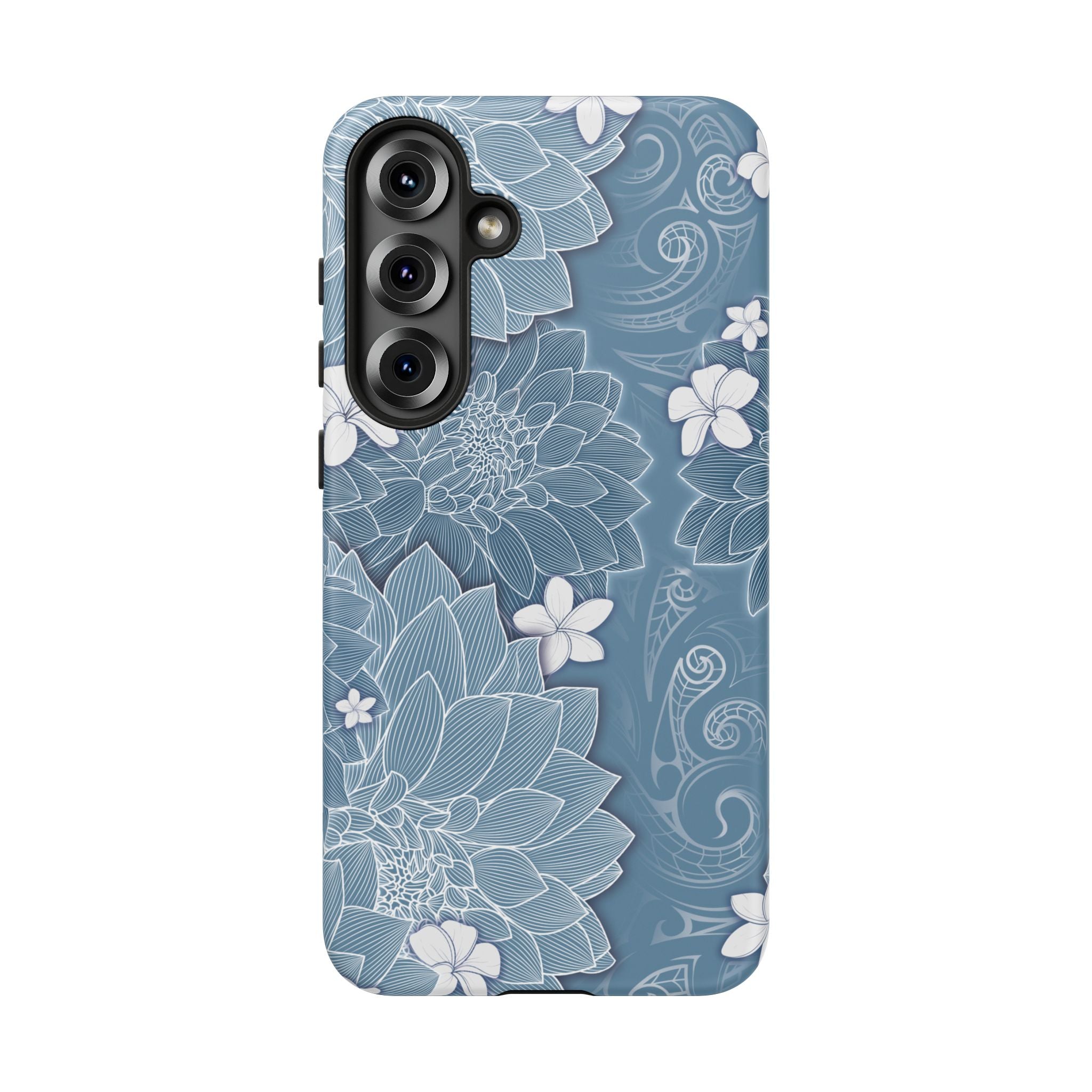 Woman holding Pua La Tough Samsung Galaxy Case - Hawaiian Golden Hibiscus Sun Flower Sapphire Design - The Local Banyan