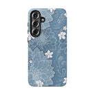 Woman holding Pua La Tough Samsung Galaxy Case - Hawaiian Golden Hibiscus Sun Flower Sapphire Design - The Local Banyan