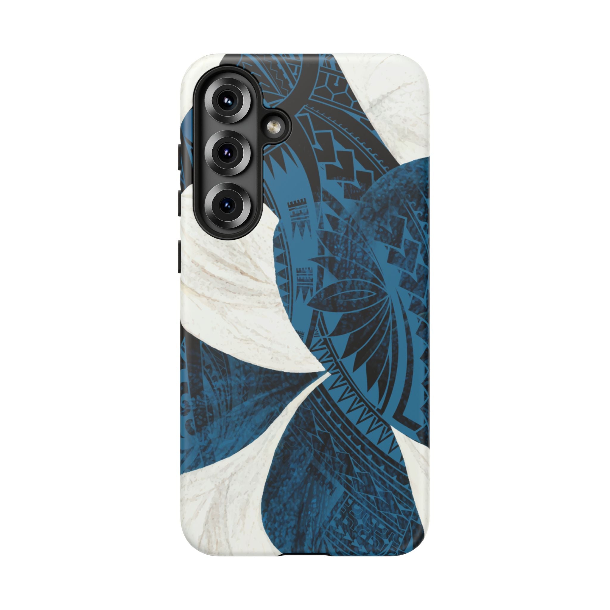 Woman holding Hana Breeze Tough Samsung Galaxy Case - Hawaiian Blue Plumeria Polynesian Botanical Design - The Local Banyan