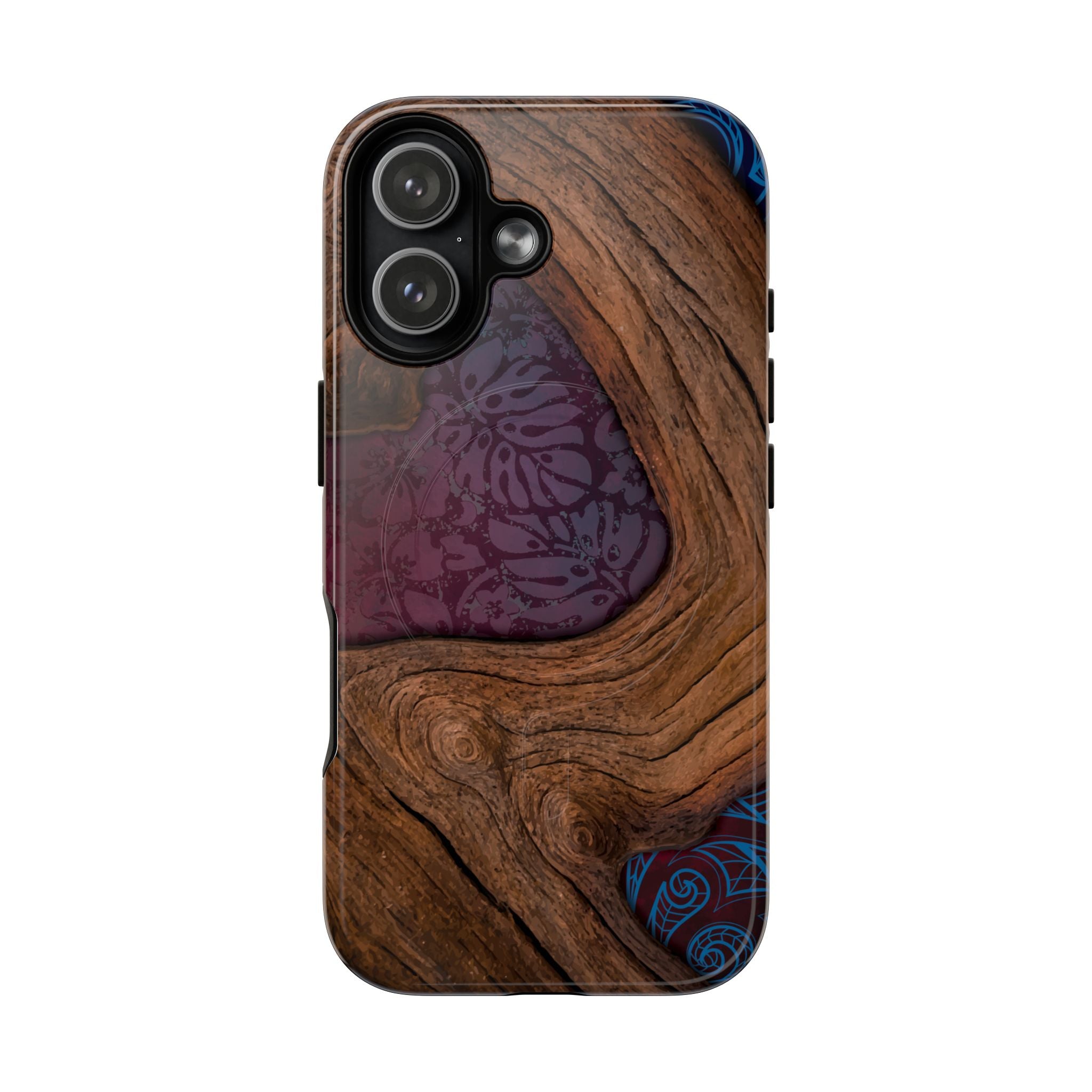 Rooted MagSafe iPhone Case Detail View - Hawaiian Koa Wood Island Strength Tribal Design Close Up - The Local Banyan