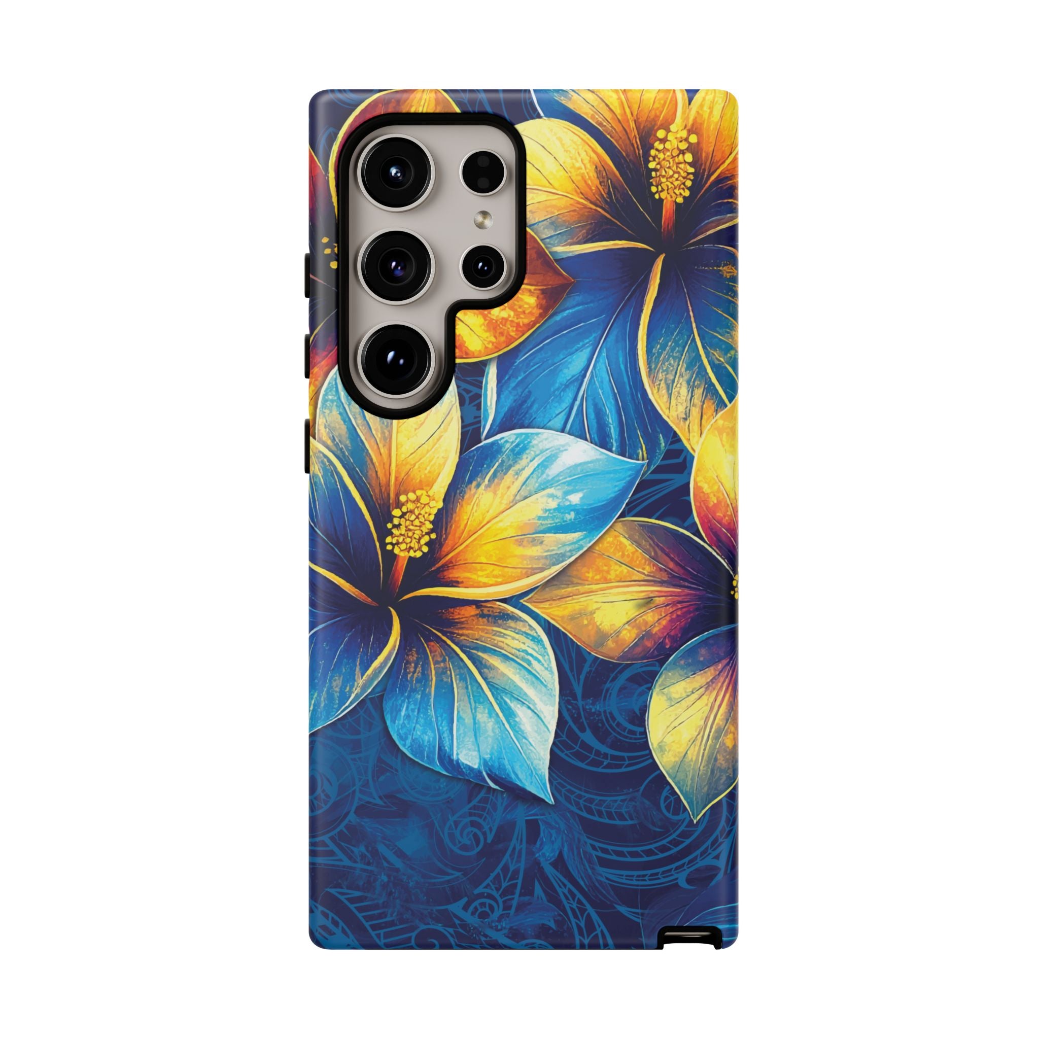 Pua La Tough Samsung Galaxy Case Detail View - Hawaiian Golden Hibiscus Sun Flower Sapphire Design Close Up - The Local Banyan