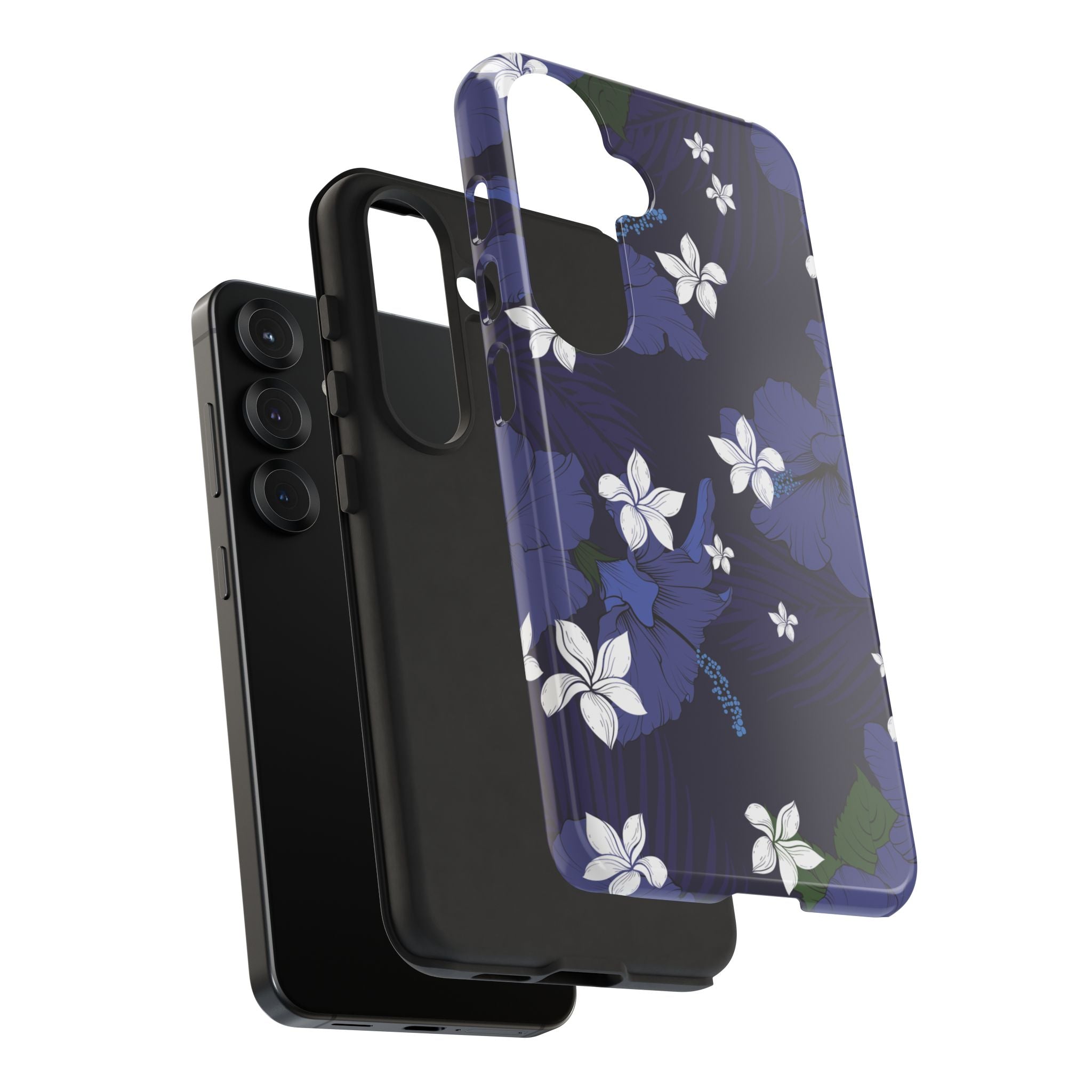 Vintage Blue Tough Samsung Galaxy Case Detail View - Hawaiian Indigo Hibiscus White Plumeria Design Close Up - The Local Banyan