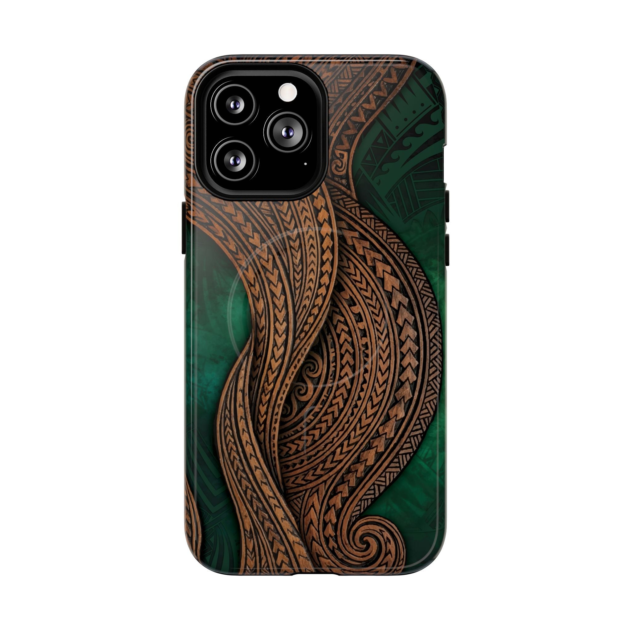 Island Kalai MagSafe iPhone Case Detail View - Hawaiian Carved Wood Grain Emerald Green Tribal Design Close Up - The Local Banyan