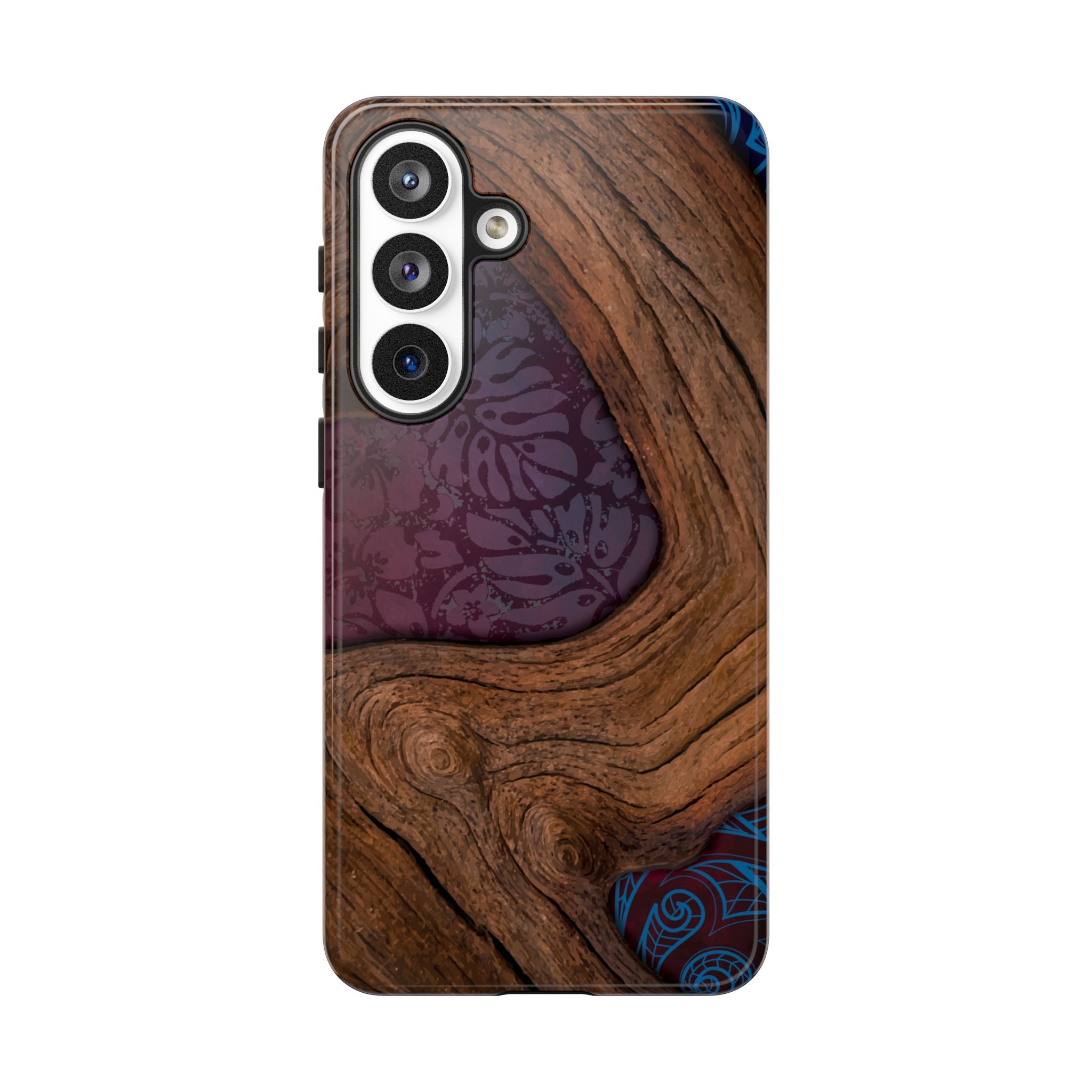 Rooted Tough Samsung Galaxy Case Detail View - Hawaiian Koa Wood Island Strength Tribal Design Close Up - The Local Banyan
