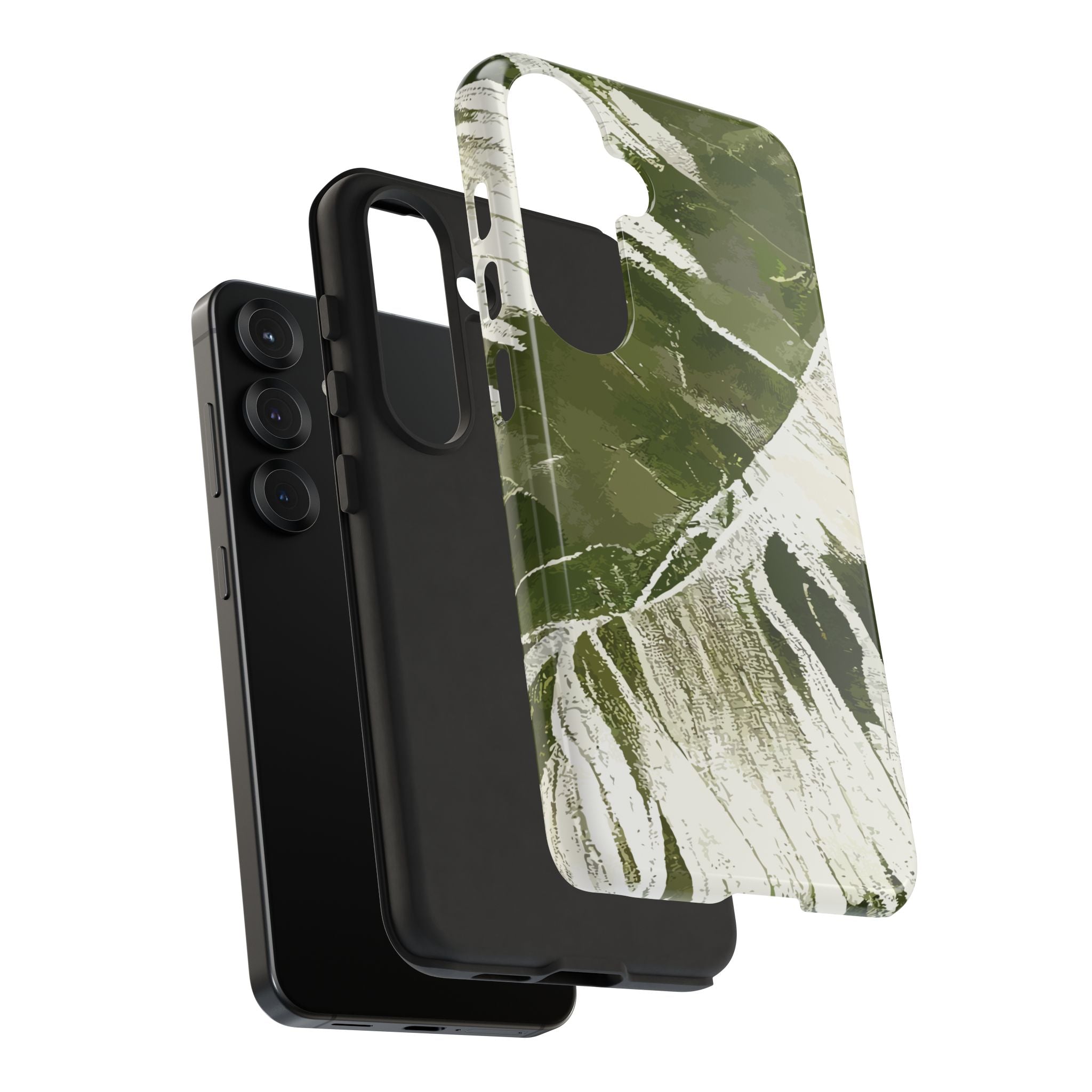 Woman holding Island Breeze Tough Samsung Galaxy Case - Hawaiian Palm Leaf Olive Green Botanical Design - The Local Banyan