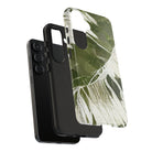 Woman holding Island Breeze Tough Samsung Galaxy Case - Hawaiian Palm Leaf Olive Green Botanical Design - The Local Banyan