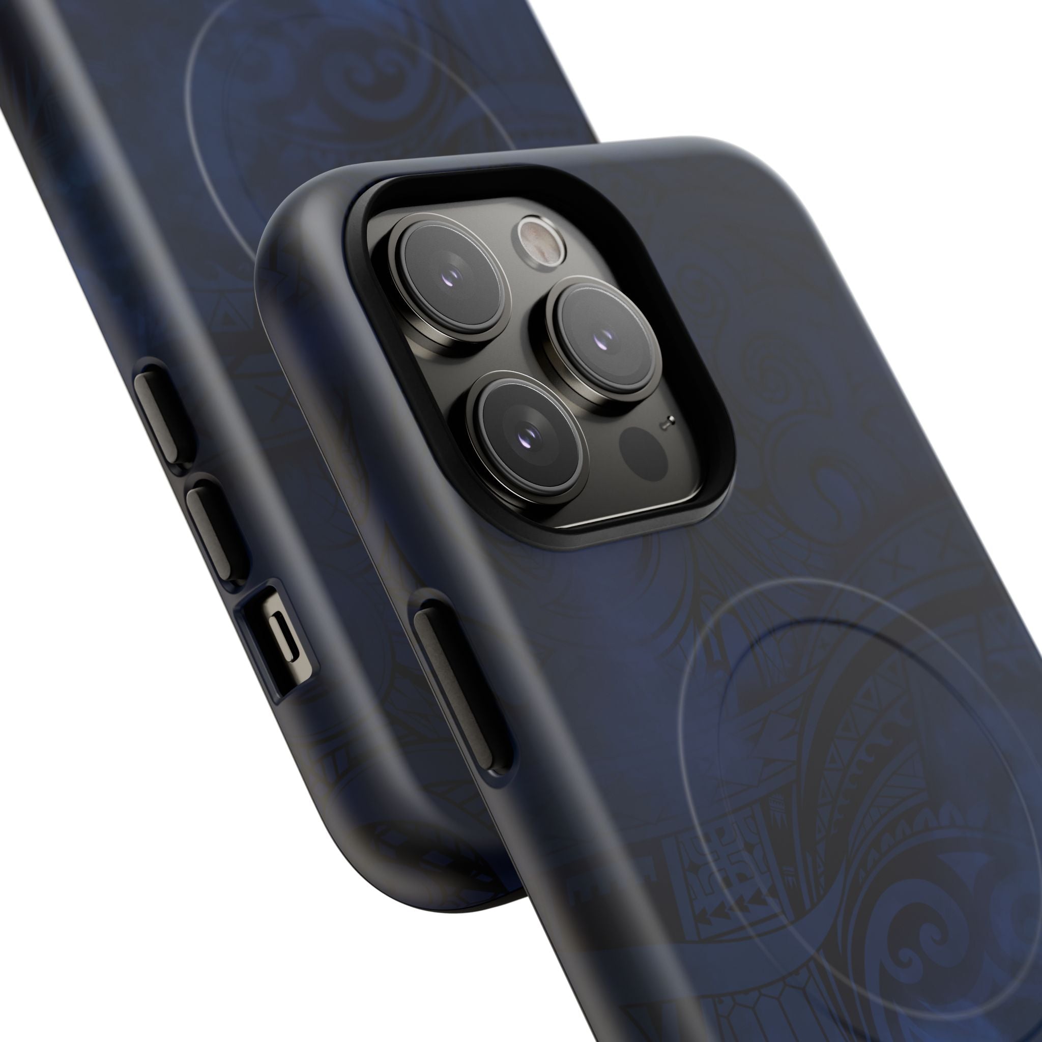 Midnight Essence MagSafe iPhone Case Detail View - Hawaiian Midnight Navy Polynesian Tribal Design Close Up - The Local Banyan