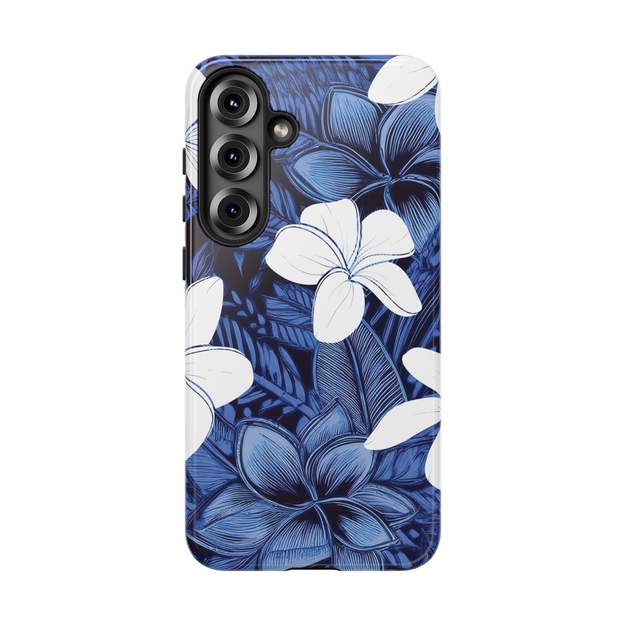Woman holding Eternal Blue Plumeria Tough Samsung Galaxy Case - Hawaiian Blue Plumeria Ocean Floral Design - The Local Banyan