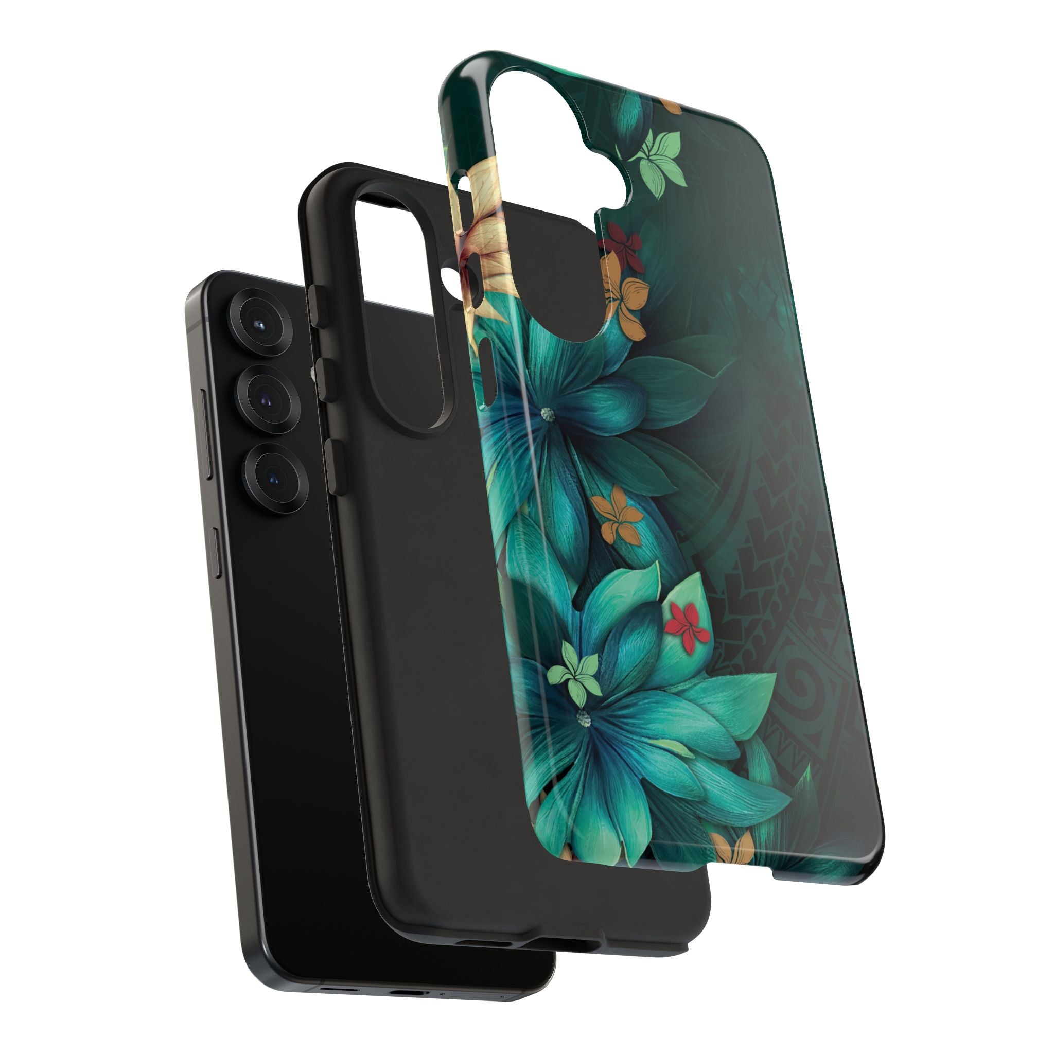 Woman holding Aloha Whispers Tough Samsung Galaxy Case - Hawaiian Abstract Green Floral Polynesian Design - The Local Banyan