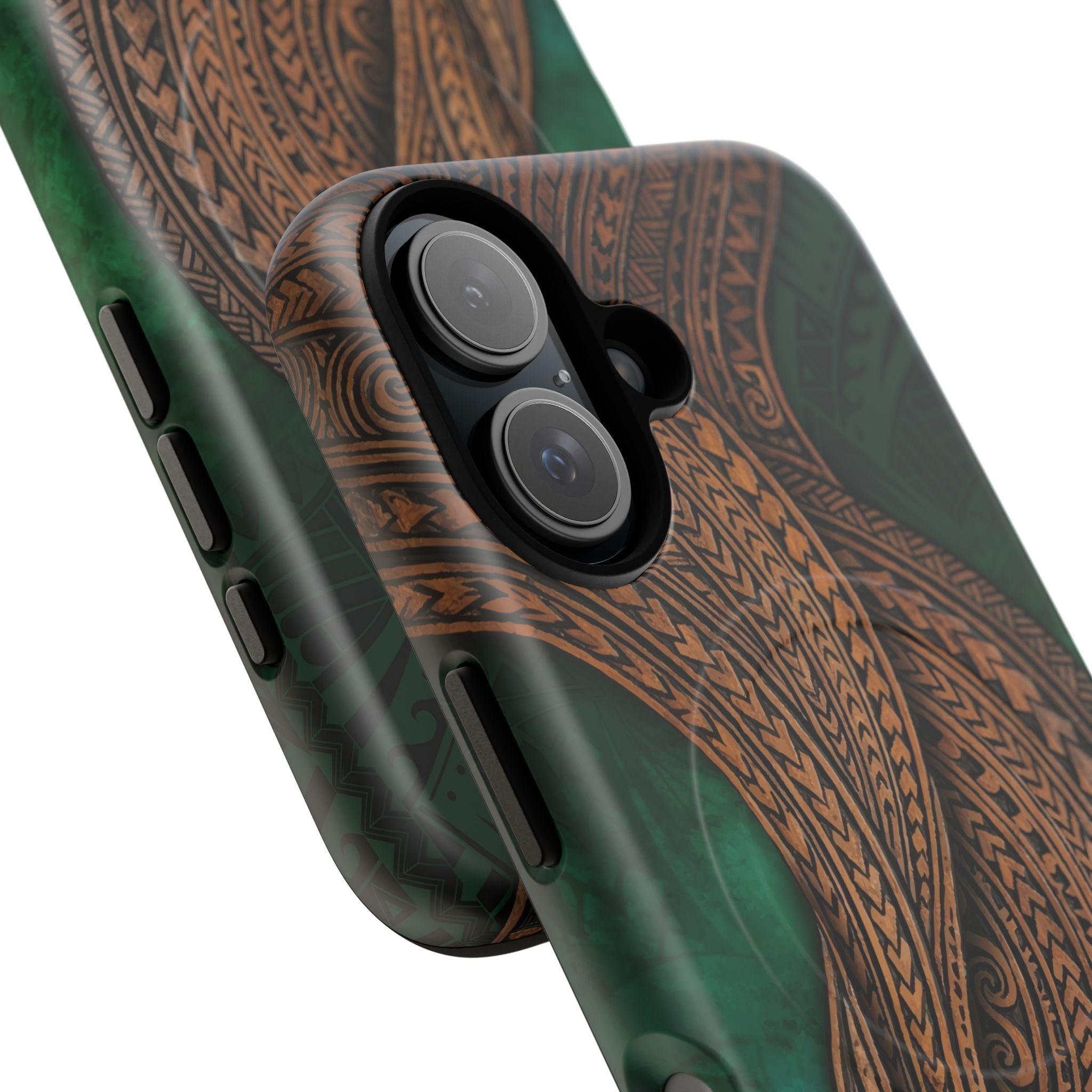 Island Kalai MagSafe iPhone Case Detail View - Hawaiian Carved Wood Grain Emerald Green Tribal Design Close Up - The Local Banyan