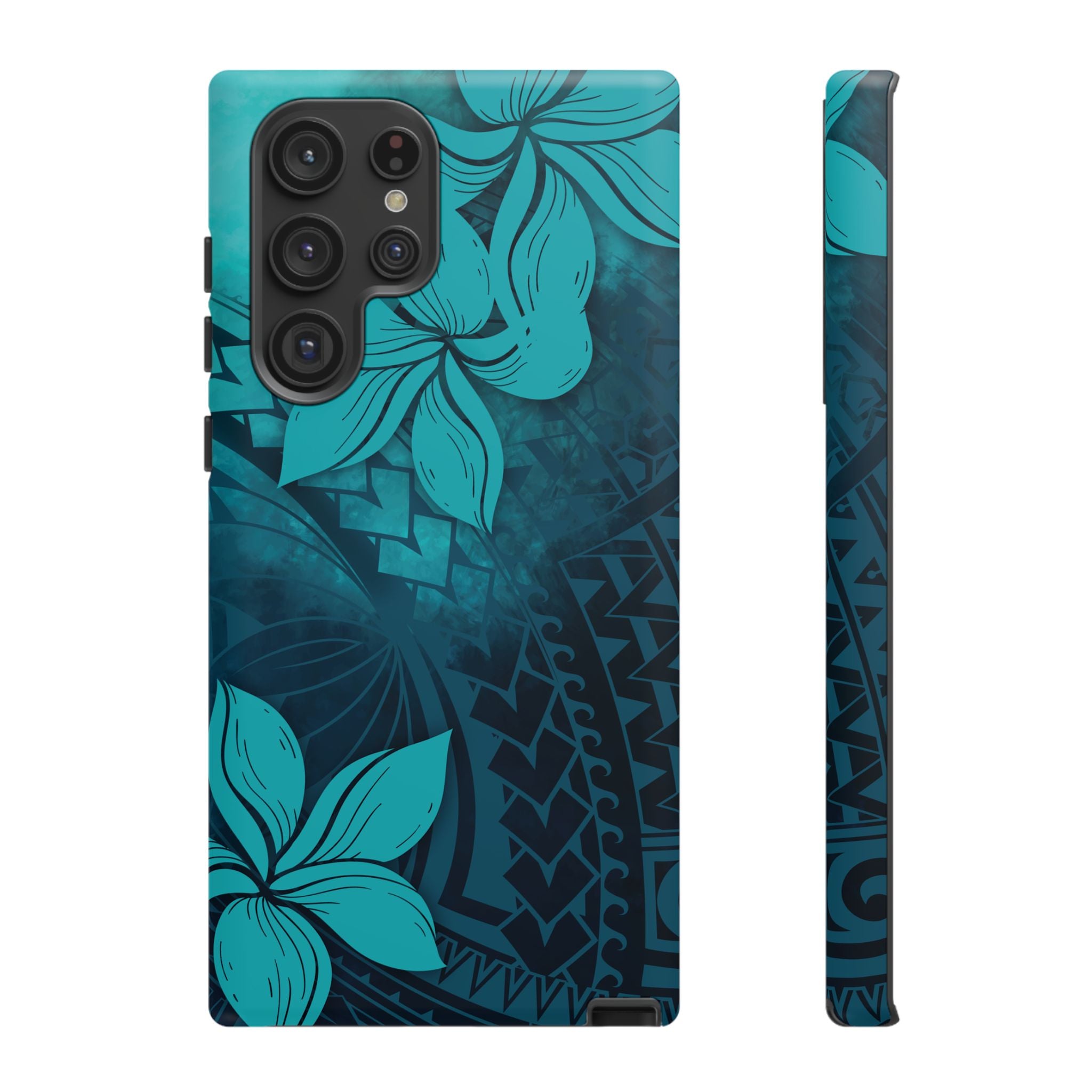 Woman holding Moana Bloom Tough Samsung Galaxy Case - Hawaiian Teal Plumeria Ocean Tribal Design - The Local Banyan