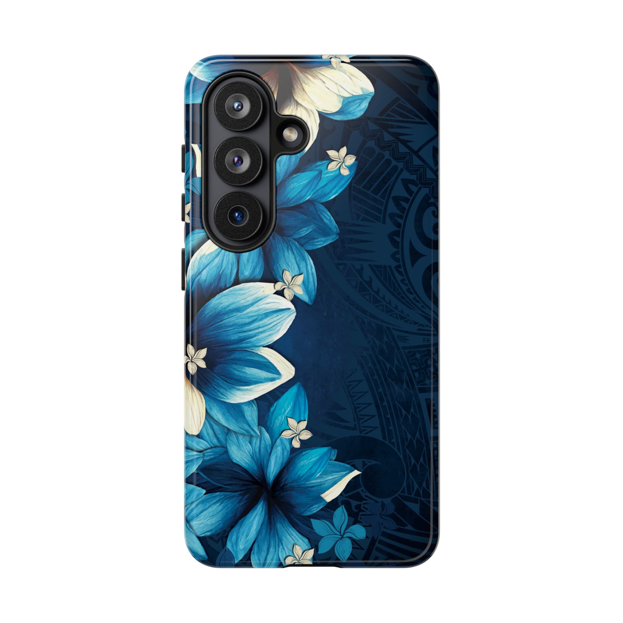 Woman holding Leilani Nights Tough Samsung Galaxy Case - Hawaiian Dark Blue Floral Polynesian Design - The Local Banyan