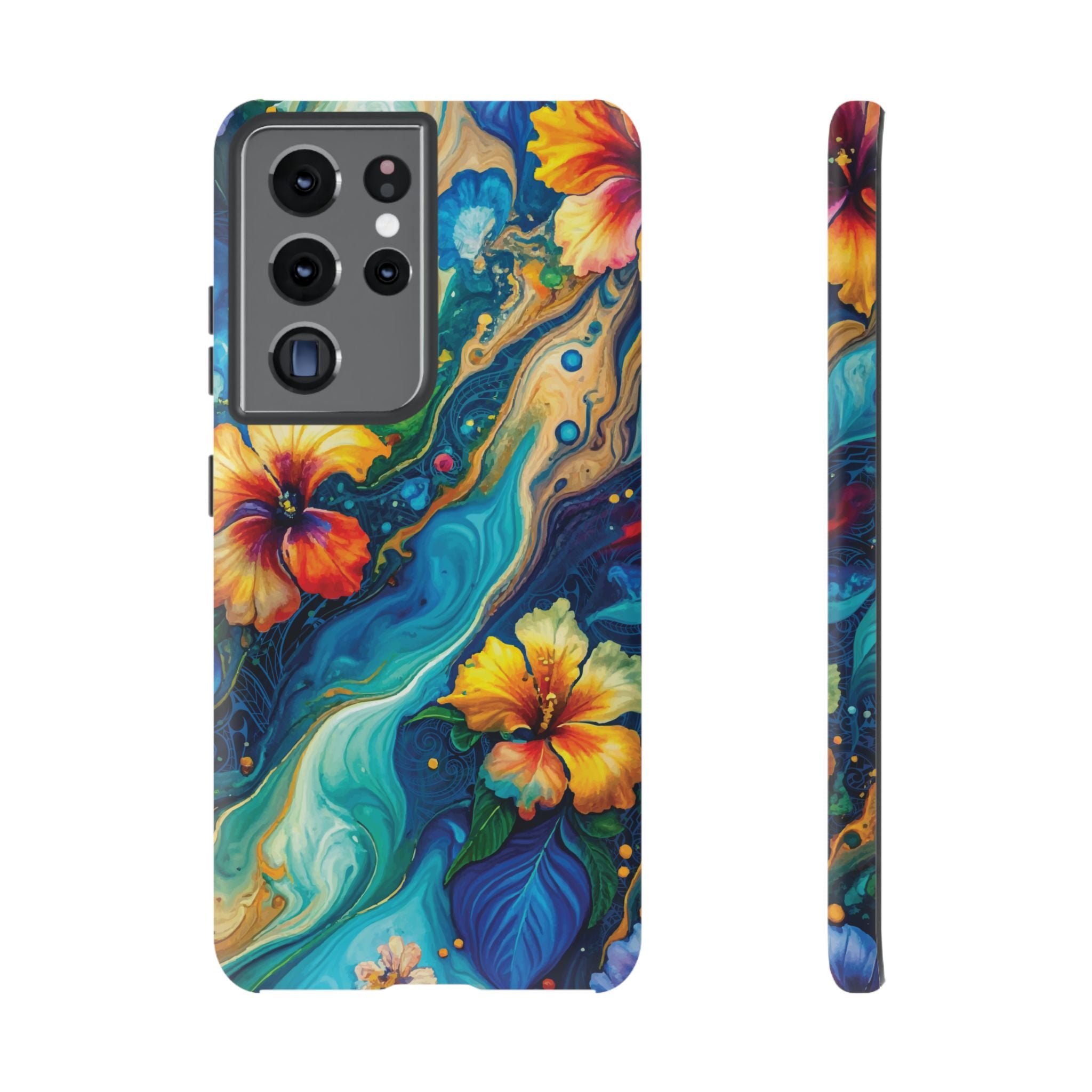 Aloalo Drift Tough Samsung Galaxy Case Samsung Galaxy S21 Ultra Matte - Hawaiian Hibiscus Teal Ocean Wave Design - The Local Banyan