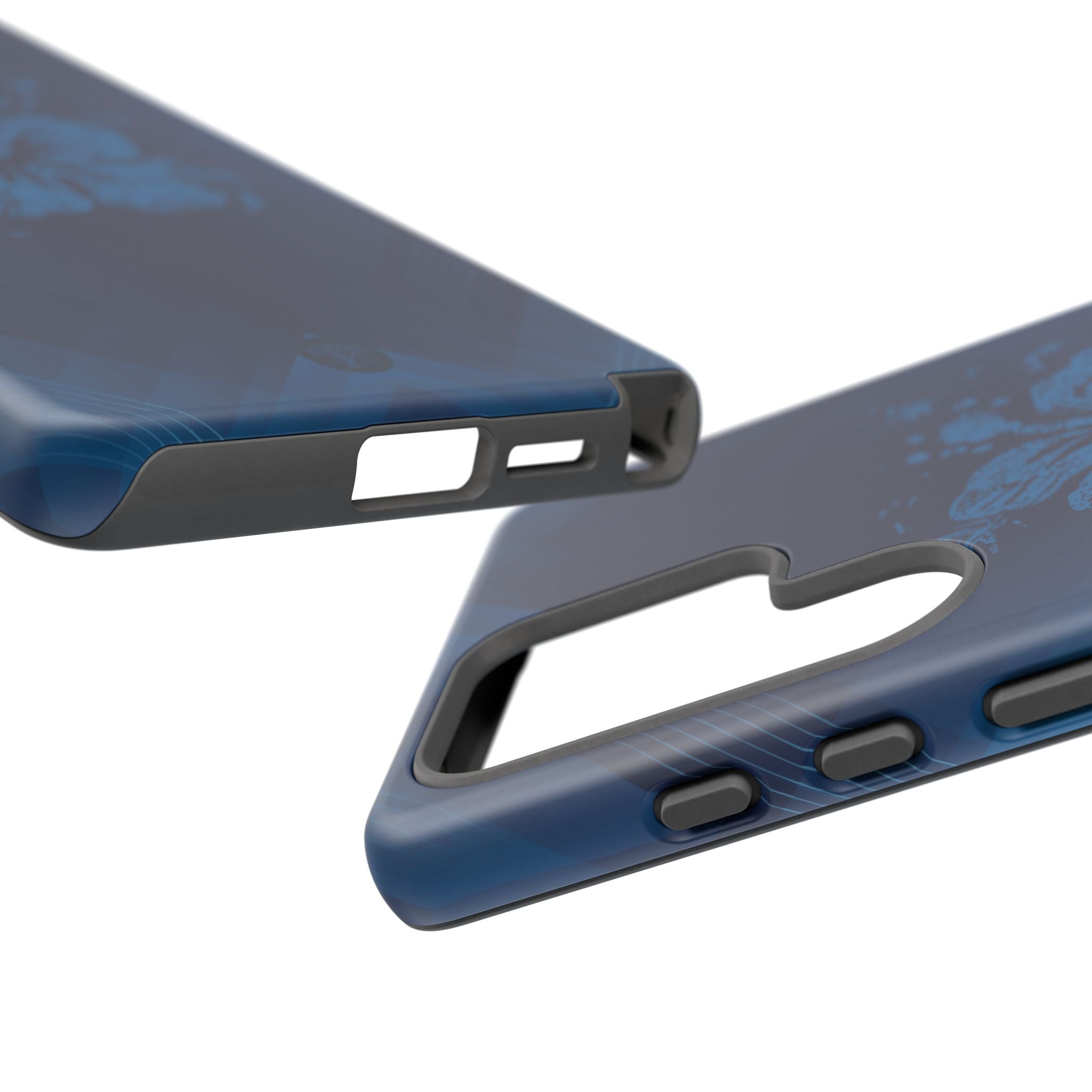 Woman holding Kikokiko Lehua Tough Samsung Galaxy Case - Hawaiian Navy Blue Geometric Hibiscus Design - The Local Banyan