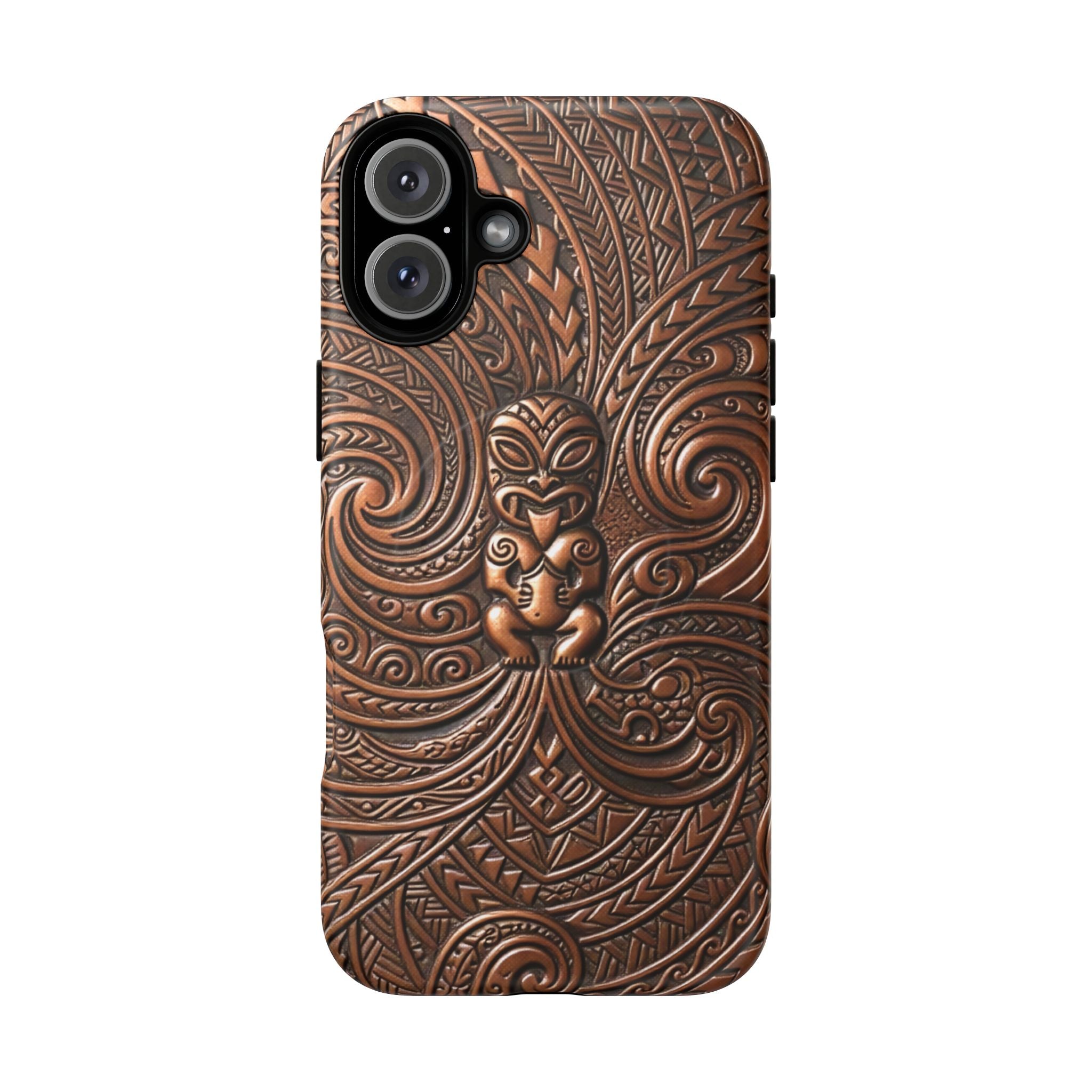 Woman holding Paa Guardian MagSafe iPhone Case - Hawaiian Copper Carved Tiki Polynesian Design - The Local Banyan
