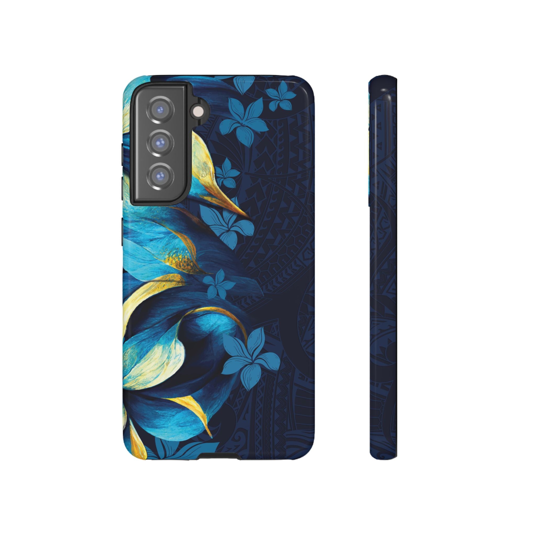 Po Mahina Tough Samsung Galaxy Case Samsung Galaxy S21 FE Glossy - Hawaiian Moonlit Teal Gold Floral Design - The Local Banyan