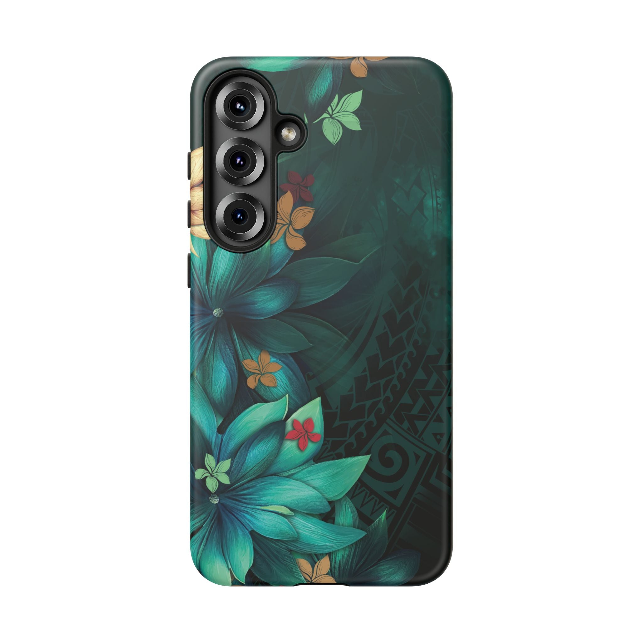 Woman holding Aloha Whispers Tough Samsung Galaxy Case - Hawaiian Abstract Green Floral Polynesian Design - The Local Banyan