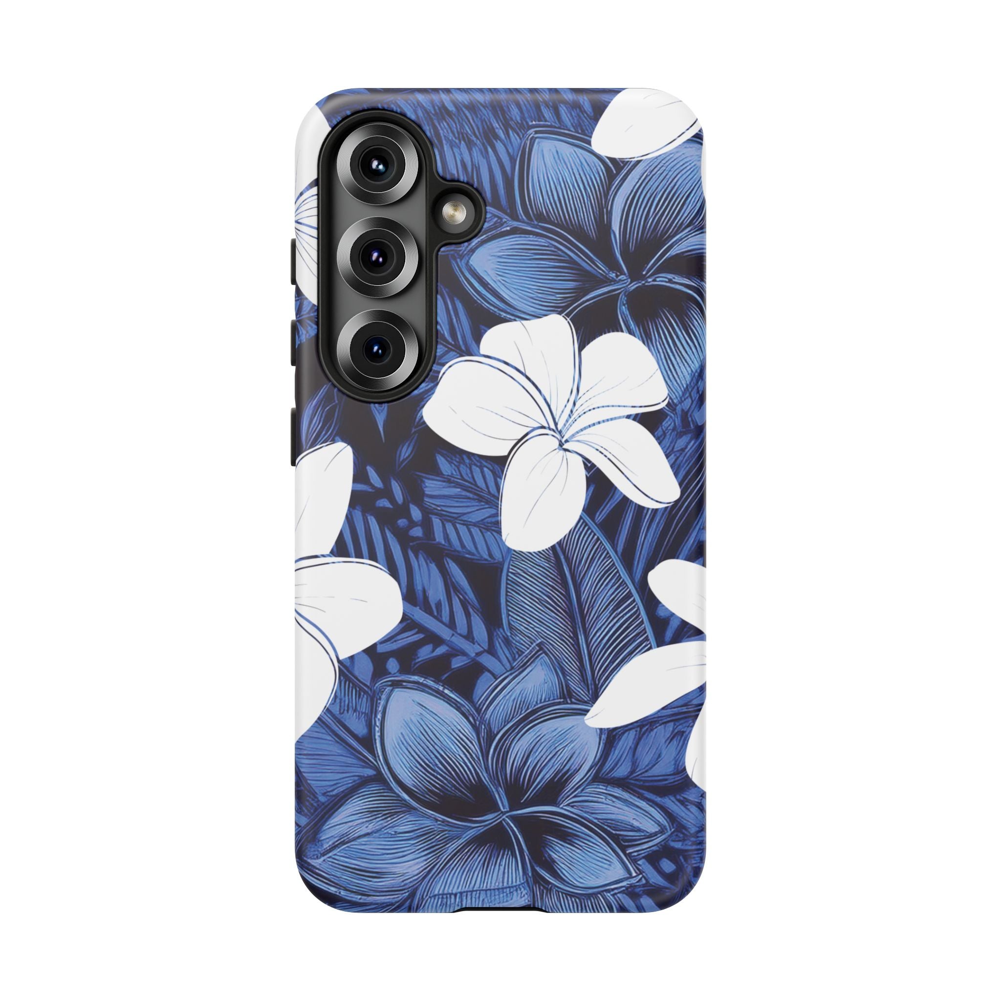 Eternal Blue Plumeria Tough Samsung Galaxy Case Detail View - Hawaiian Blue Plumeria Ocean Floral Design Close Up - The Local Banyan