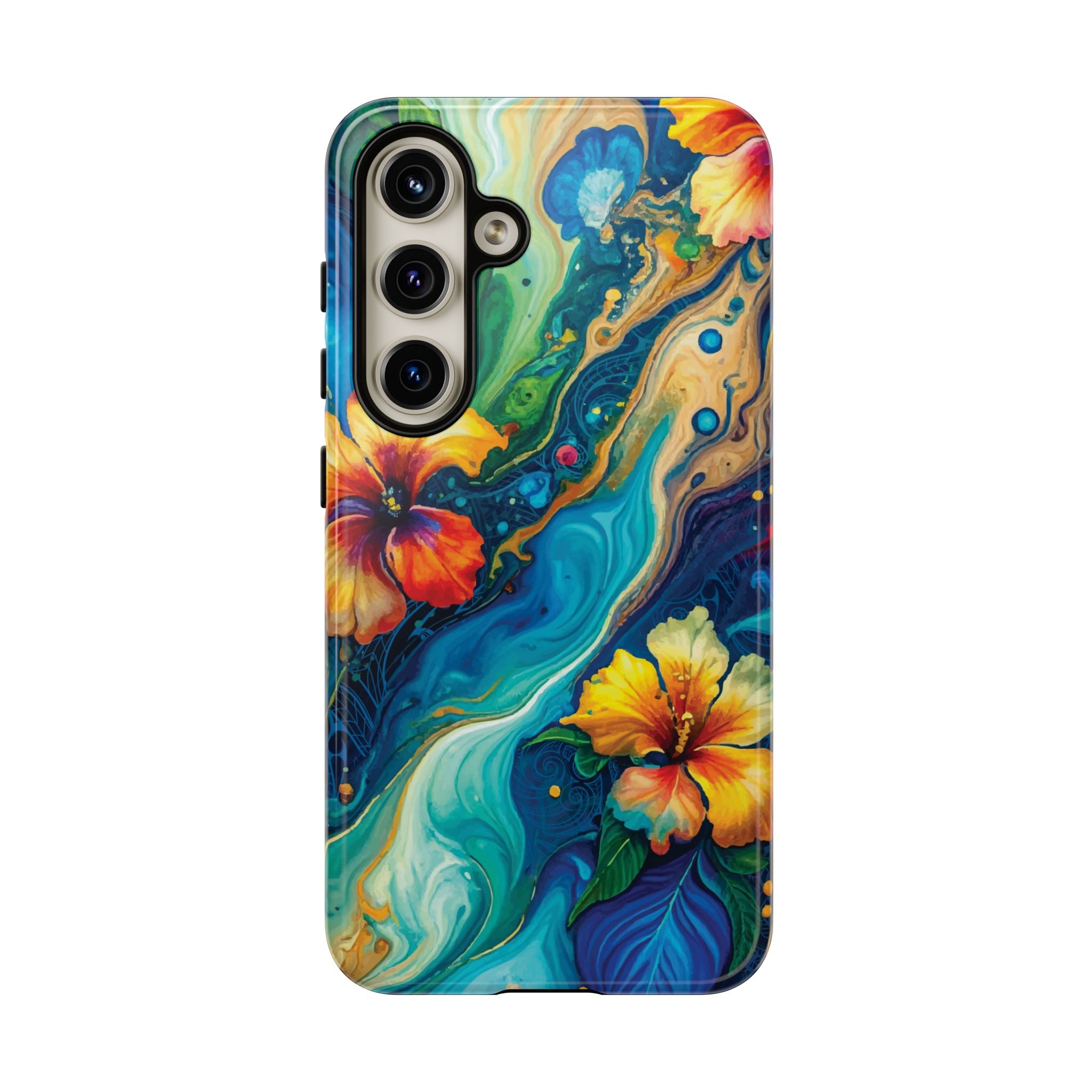 Woman holding Aloalo Drift Tough Samsung Galaxy Case - Hawaiian Hibiscus Teal Ocean Wave Design - The Local Banyan