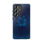 Woman holding Kikokiko Lehua Tough Samsung Galaxy Case - Hawaiian Navy Blue Geometric Hibiscus Design - The Local Banyan